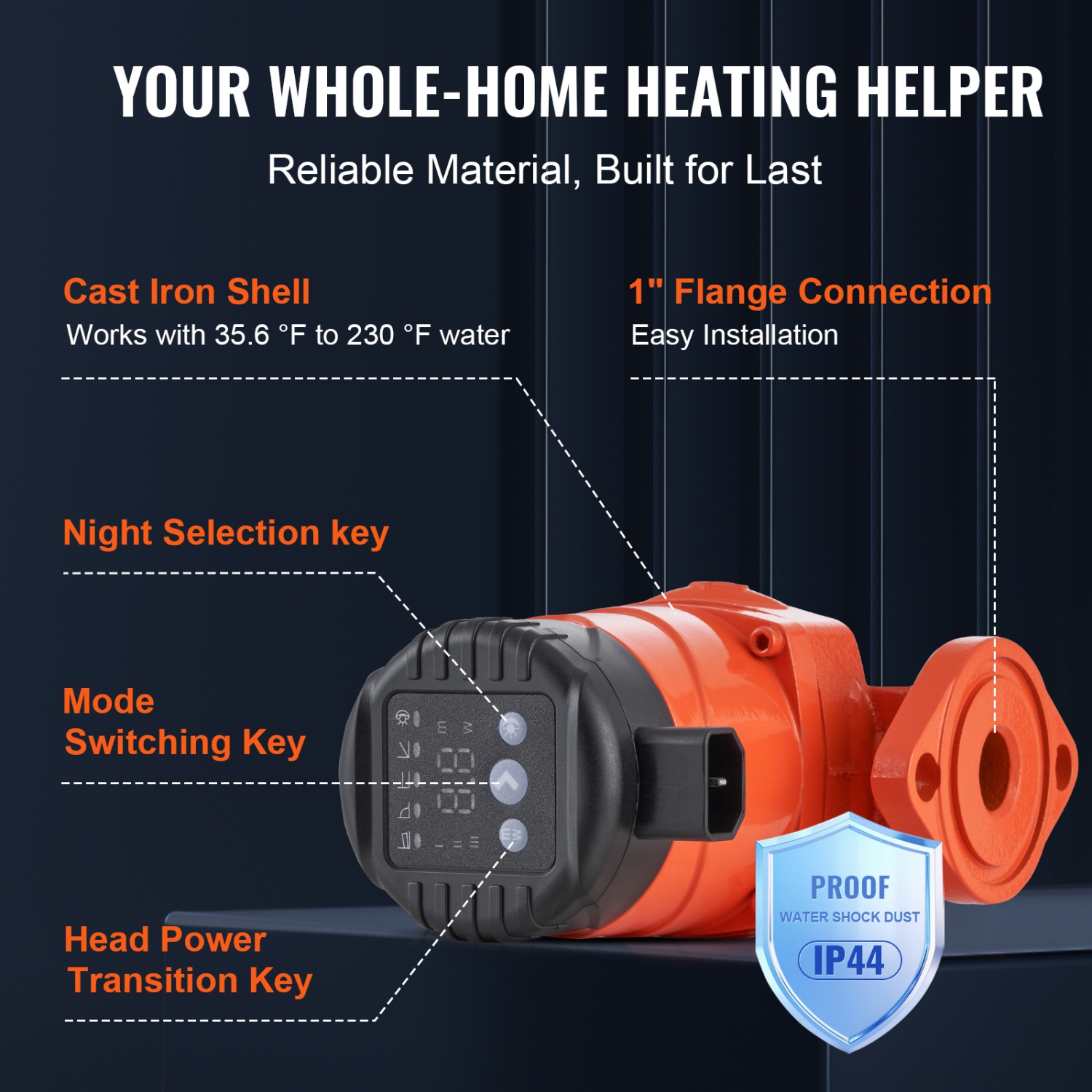 VEVOR 007E-2F2 Hot Water Recirculating Pump, 110V, 42W 16 GPM High Efficiency Circulator Pump, EMC Automatic Circulation Pump 1" NPT Flange