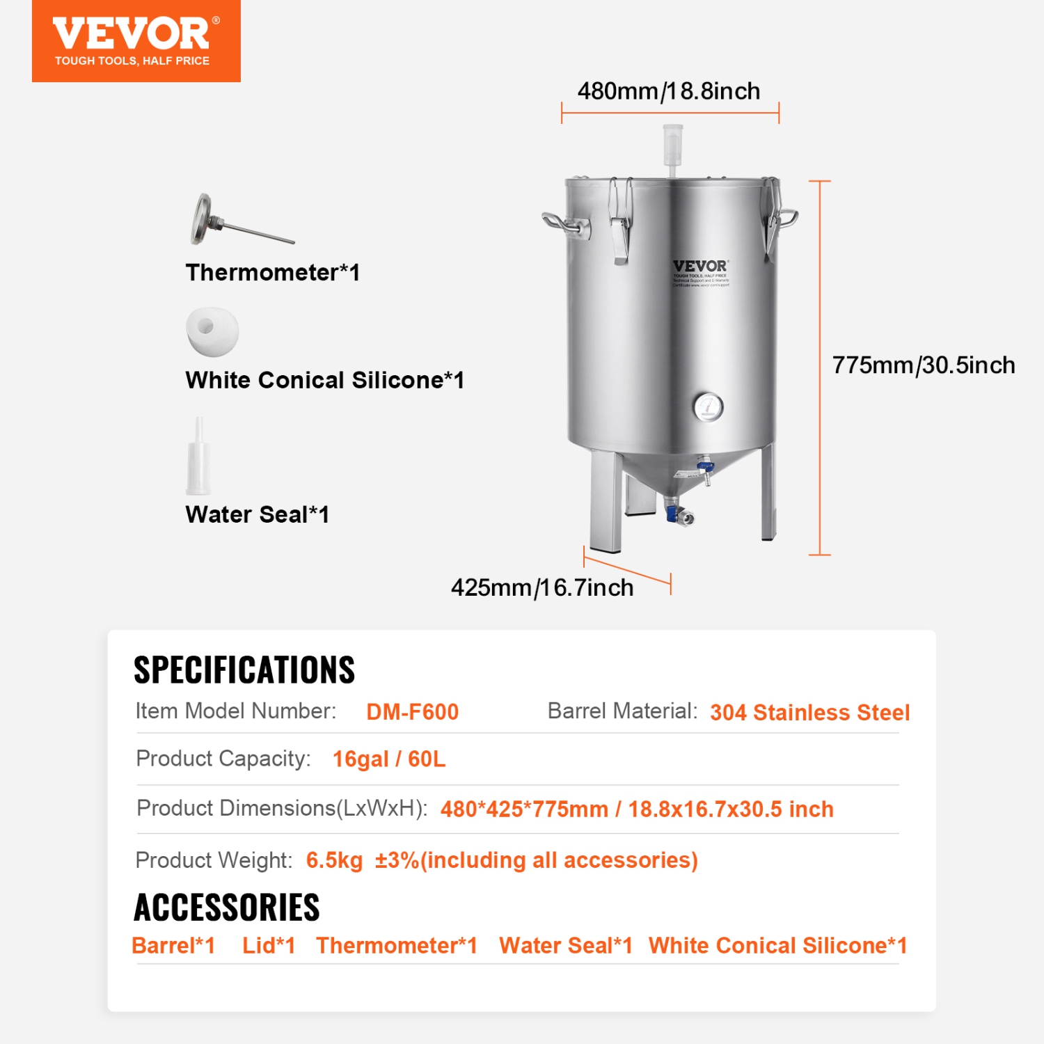VEVOR 304 Stainless Steel Kettle, 16 GALLON Beer Brew Fermentor, for Brewing, Home Brewing Supplies with Base, Kettle Stock Pot Includes Lid, Handle,