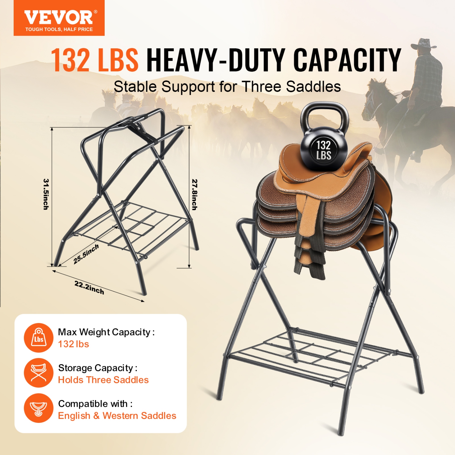 VEVOR 28 x 19 x 37.5 in Freestanding Folding Horse Saddle Stand, Portable Horse Blanket Holder, Heavy Duty Steel Saddle Rack for English & Western