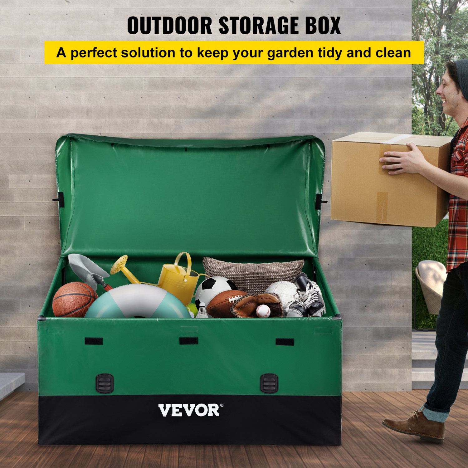 VEOVR 150 Gallon Outdoor Storage Box,Waterproof PE Tarpaulin Deck Box with Galvanized Frame, All-Weather Protection & Portable,for Camping,Garden,