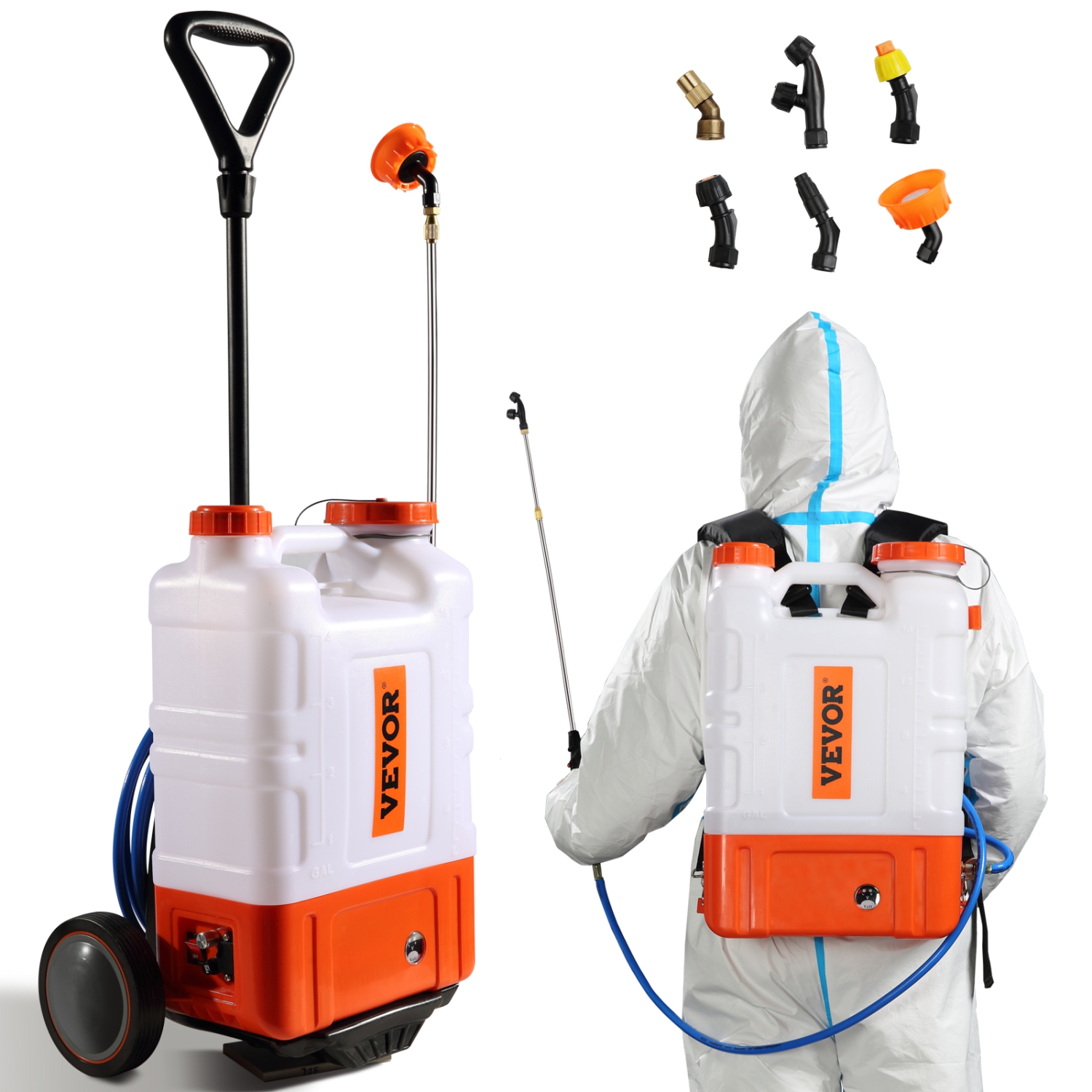 VEVOR 0-94 PSI Battery Powered Backpack Sprayer with Cart, Adjustable Pressure, 4 Gallon Tank on Wheels, with 8 Nozzles and 2 Wands, 12V 7.2Ah