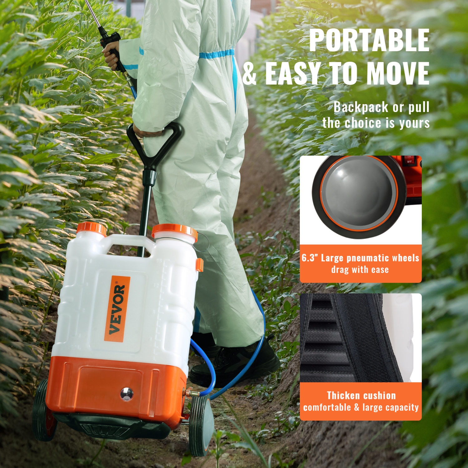 VEVOR 0-94 PSI Battery Powered Backpack Sprayer with Cart, Adjustable Pressure, 4 Gallon Tank on Wheels, with 8 Nozzles and 2 Wands, 12V 7.2Ah