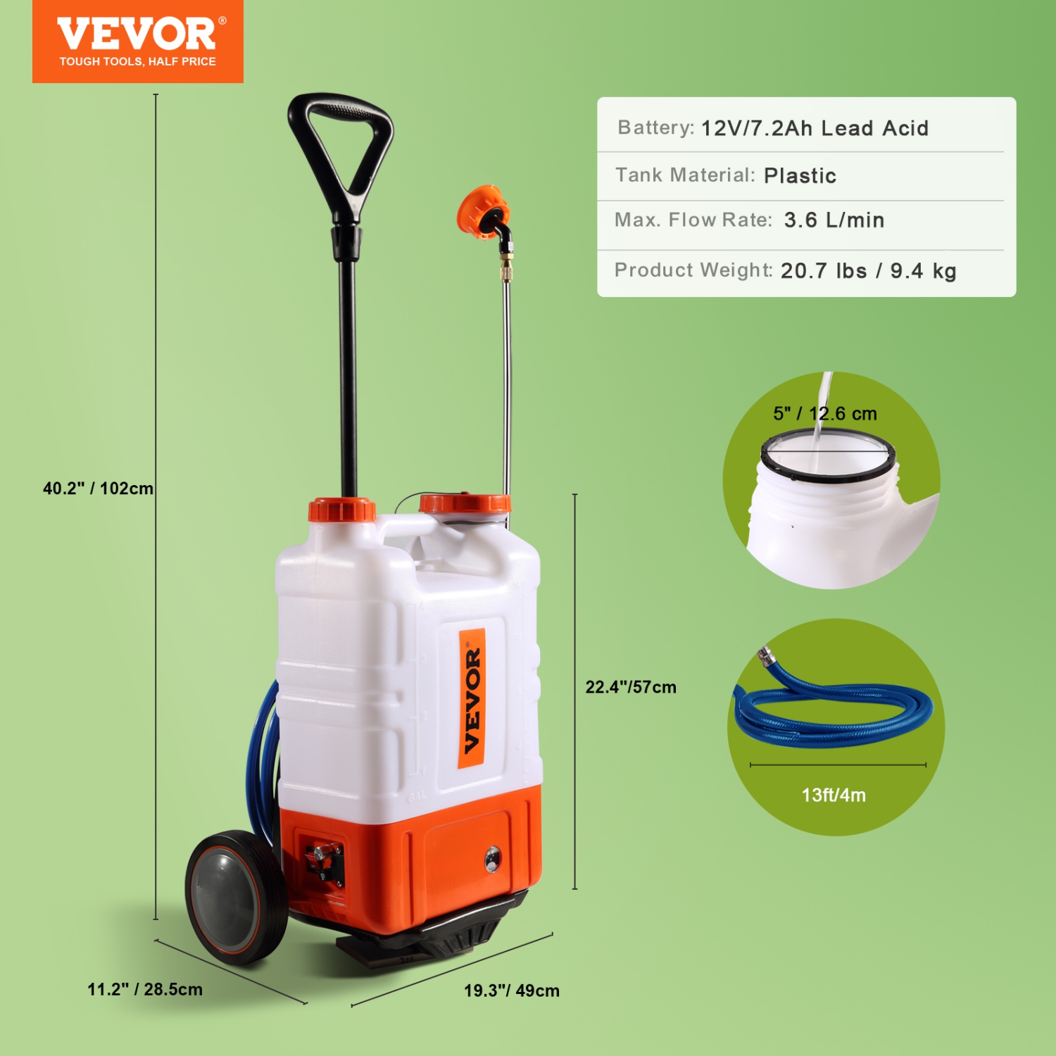 VEVOR 0-94 PSI Battery Powered Backpack Sprayer with Cart, Adjustable Pressure, 4 Gallon Tank on Wheels, with 8 Nozzles and 2 Wands, 12V 7.2Ah