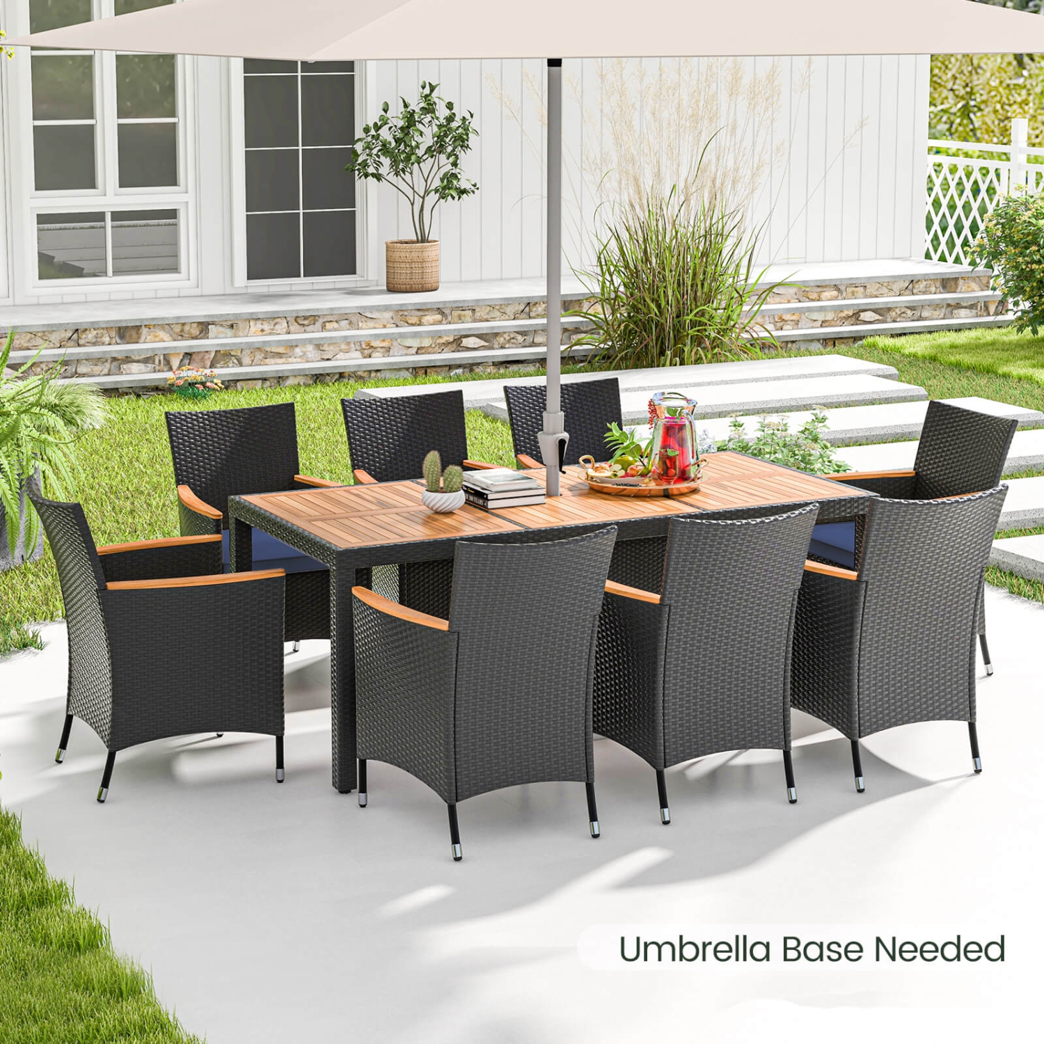 Patiojoy 9 PCS Outdoor Dining Set with Acacia Wood Tabletop, Umbrella Hole, Seat Cushions