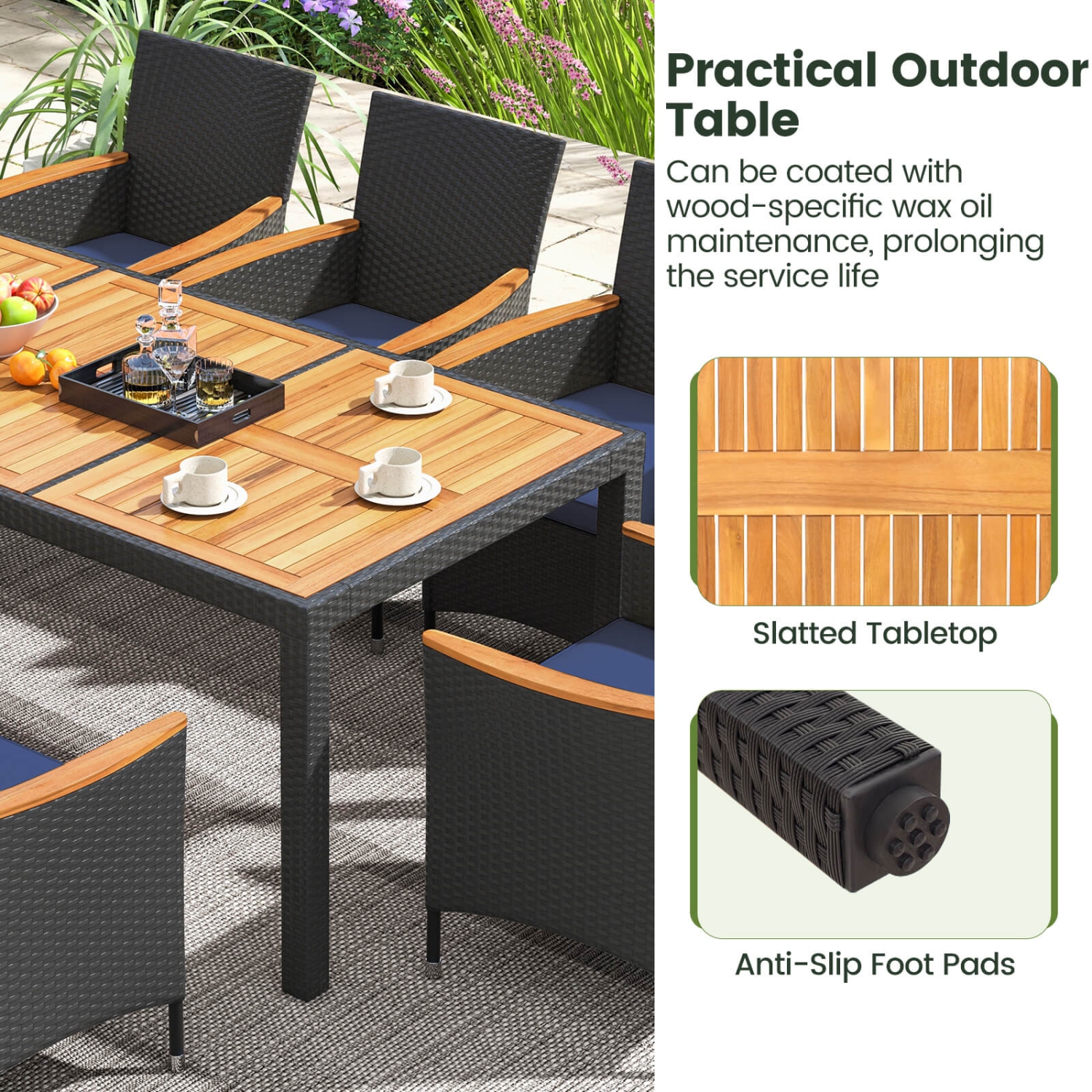 Patiojoy 9 PCS Outdoor Dining Set with Acacia Wood Tabletop, Umbrella Hole, Seat Cushions