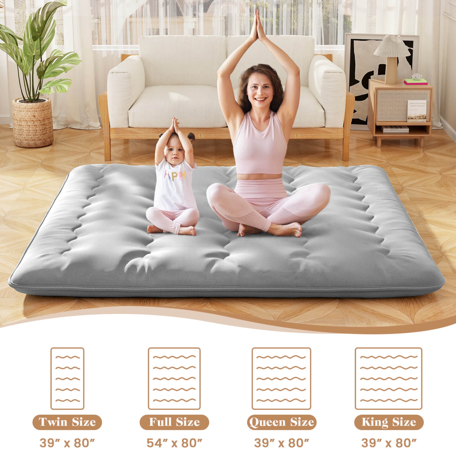 Matelas de futon pour lit simple/grand lit de Costway Tapis de plancher japonais Housse lavable Sac de transport gris