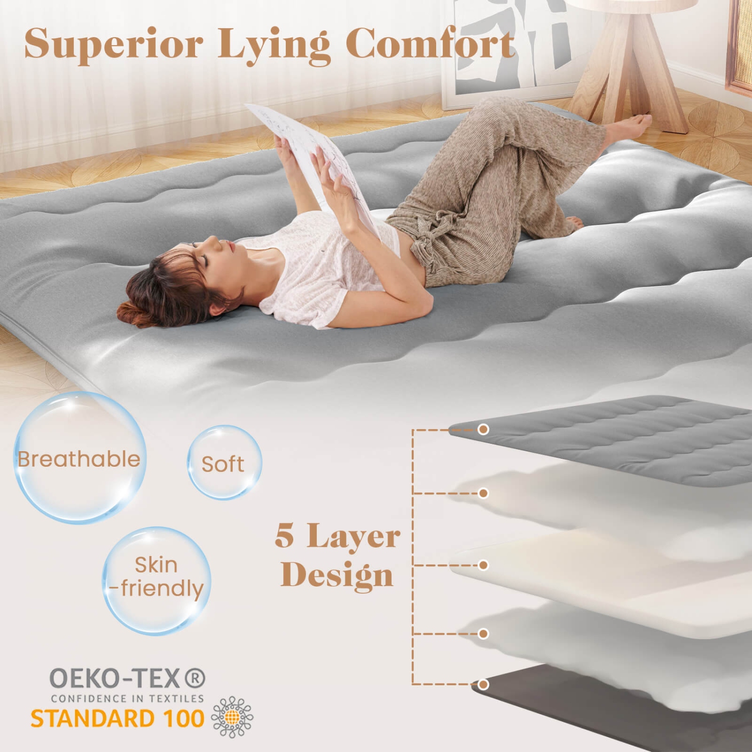 Matelas de futon pour lit simple/grand lit de Costway Tapis de plancher japonais Housse lavable Sac de transport gris