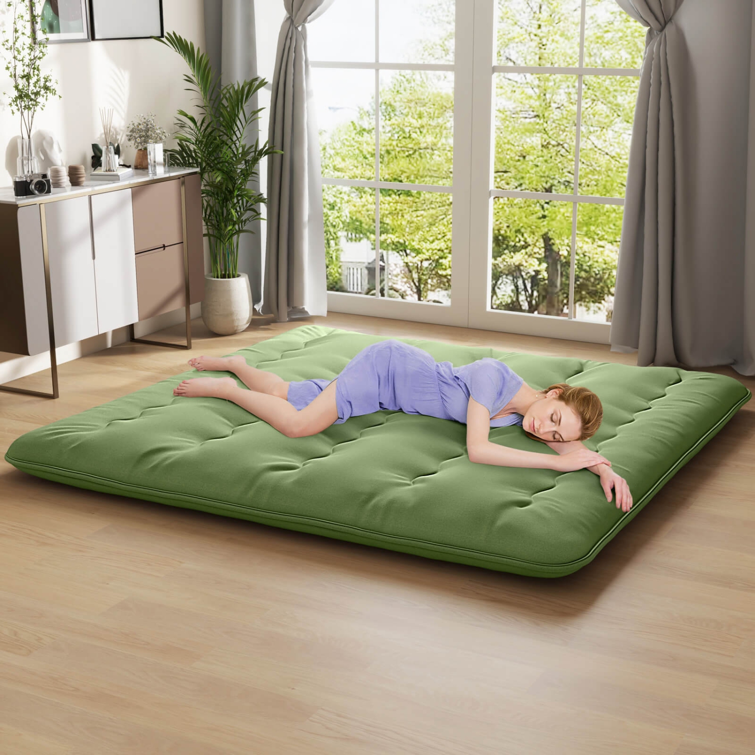 Matelas de futon pour lit simple/double/grand lit de Costway Coussin de sol japonais Housse lavable Sac de transport vert