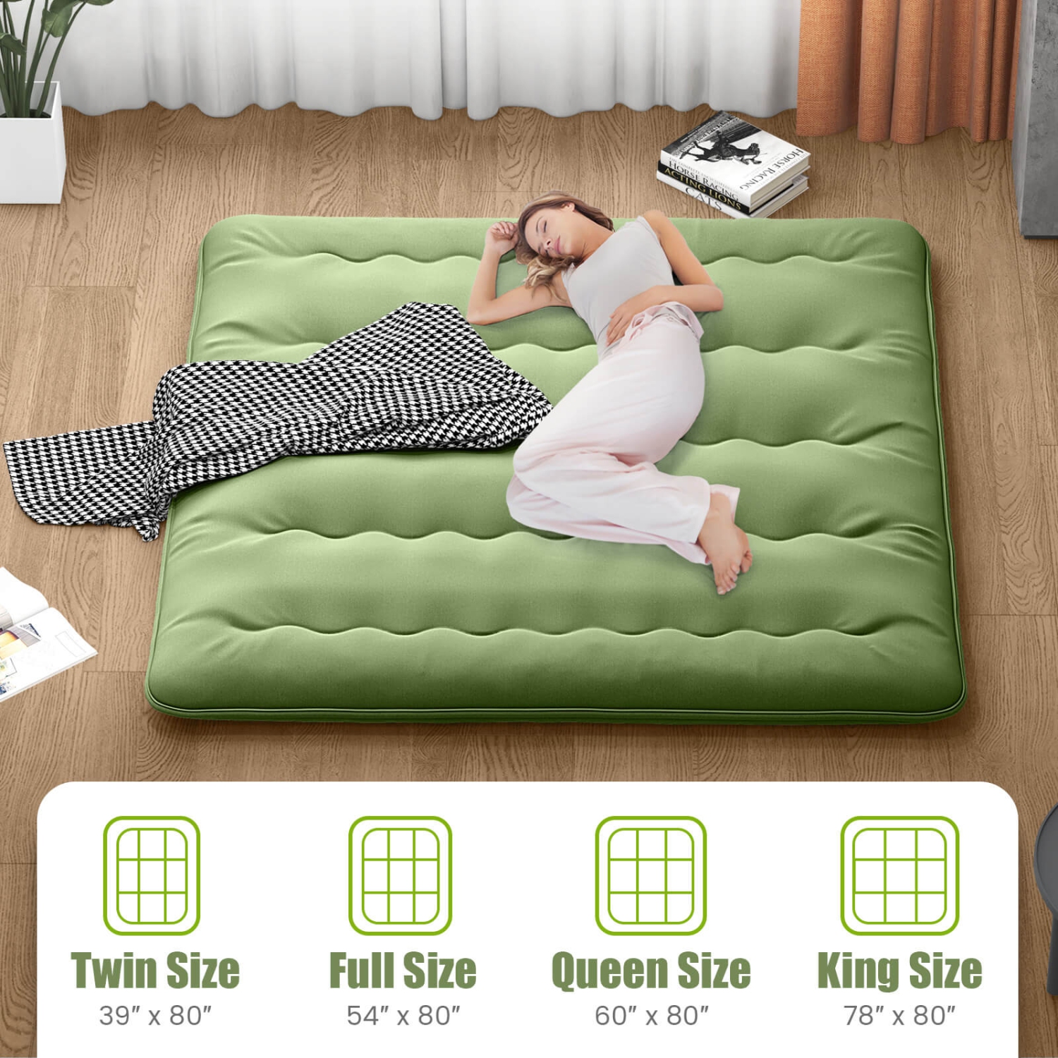 Matelas de futon pour lit simple/double/grand lit de Costway Coussin de sol japonais Housse lavable Sac de transport vert