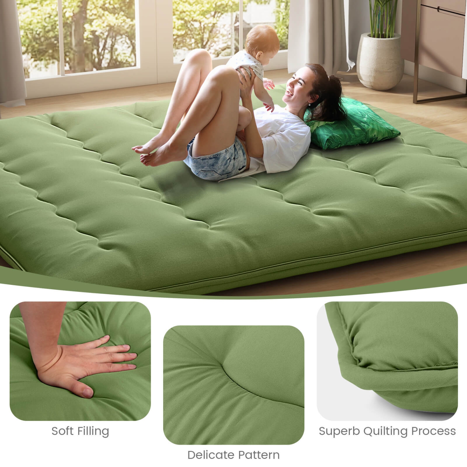 Matelas de futon pour lit simple/double/grand lit de Costway Coussin de sol japonais Housse lavable Sac de transport vert