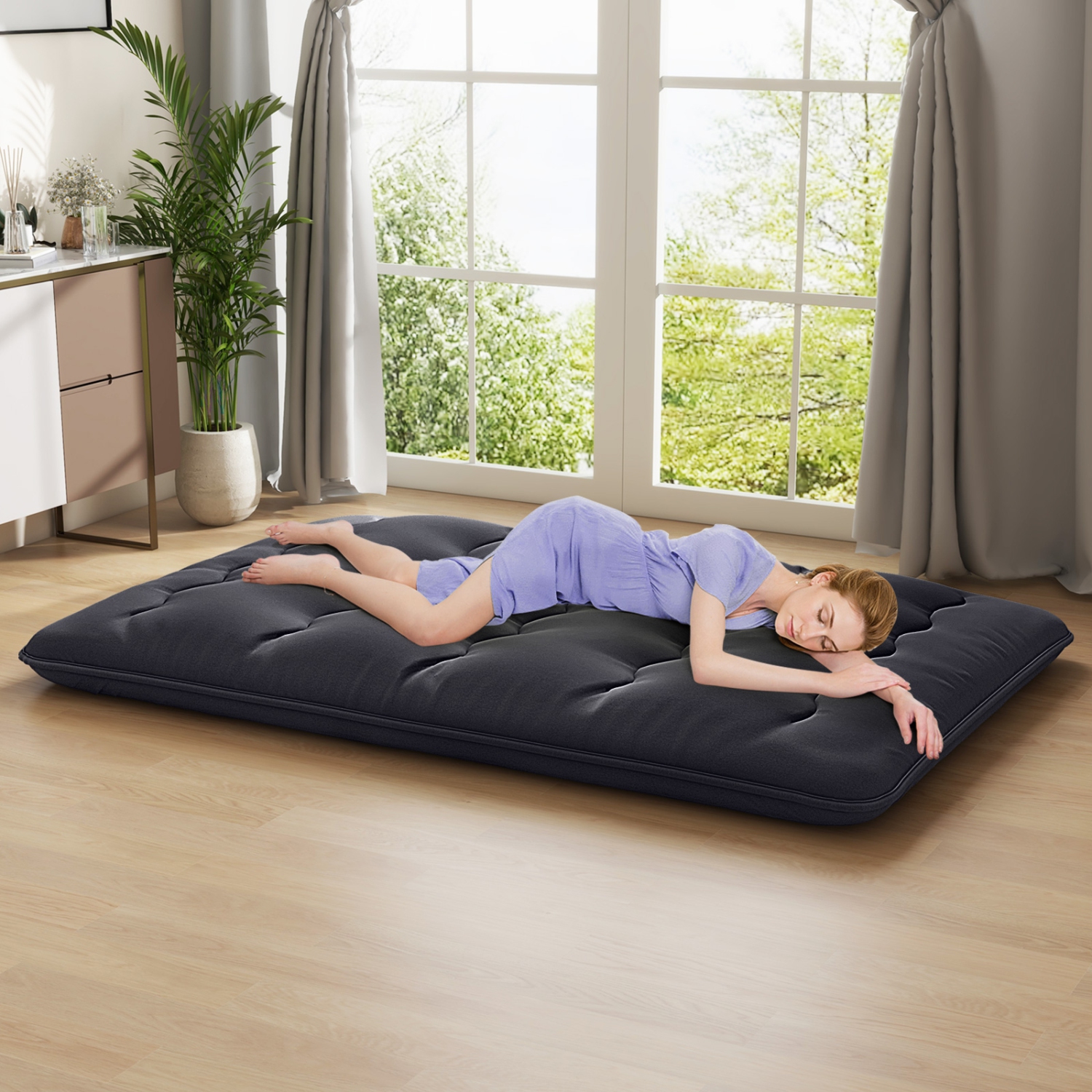 Costway Twin/Queen Futon Mattress Japanese Floor Sleeping Pad Washable Cover Carry Bag Black