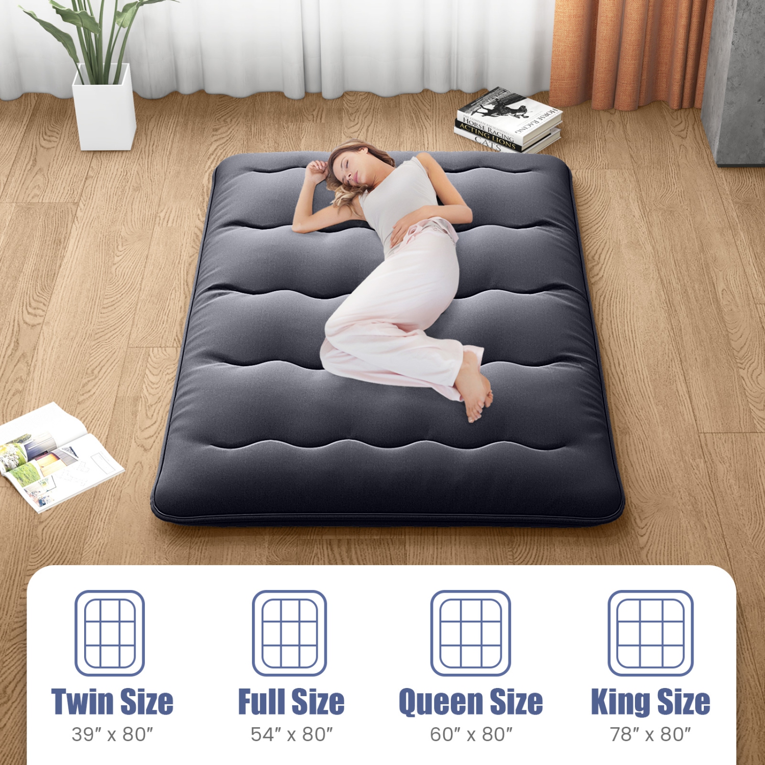 Costway Twin/Queen Futon Mattress Japanese Floor Sleeping Pad Washable Cover Carry Bag Black