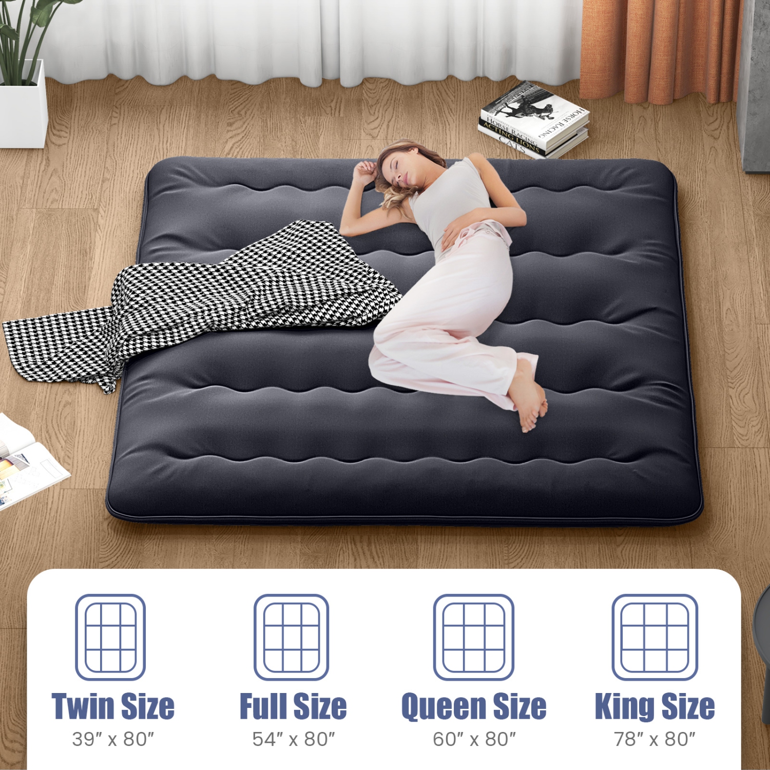 Costway Twin/Queen Futon Mattress Japanese Floor Sleeping Pad Washable Cover Carry Bag Black