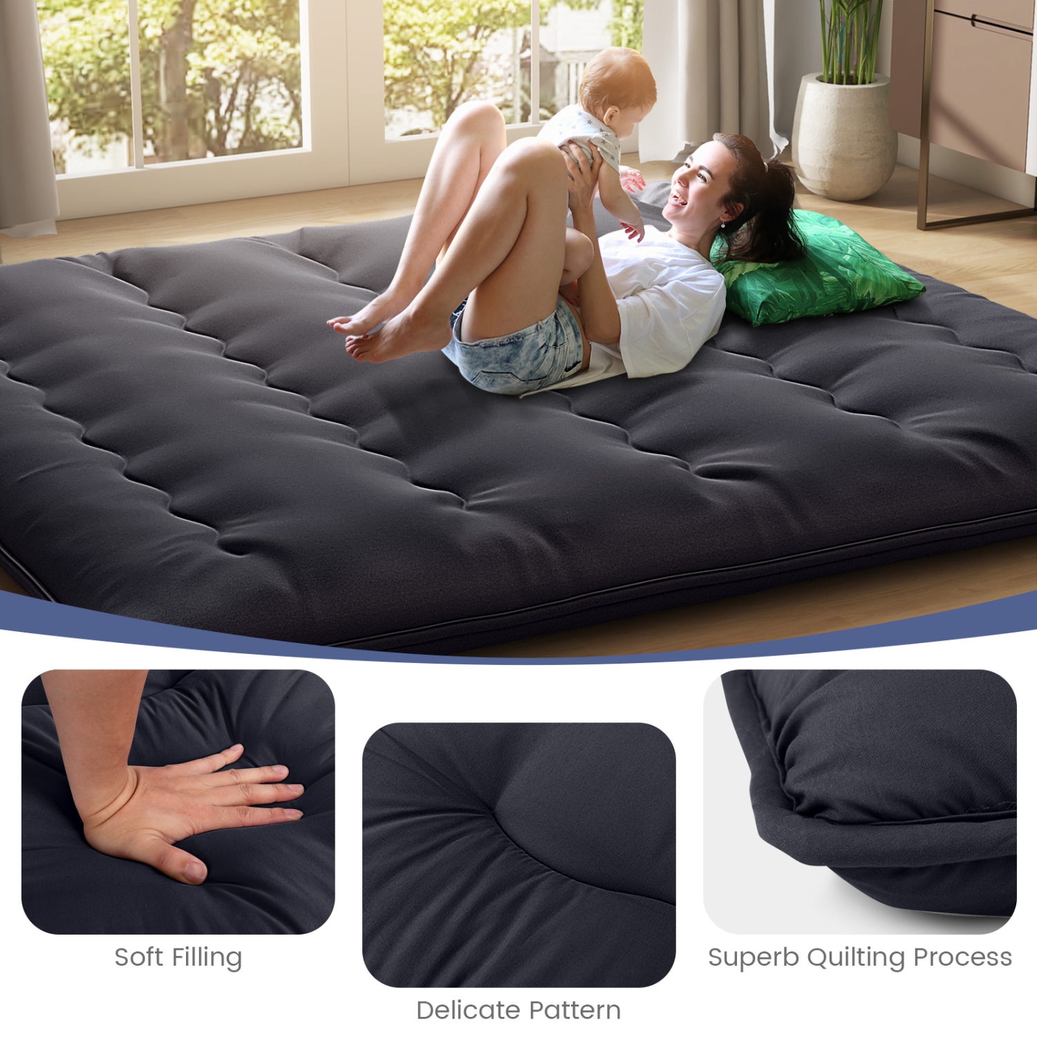 Costway Twin/Queen Futon Mattress Japanese Floor Sleeping Pad Washable Cover Carry Bag Black