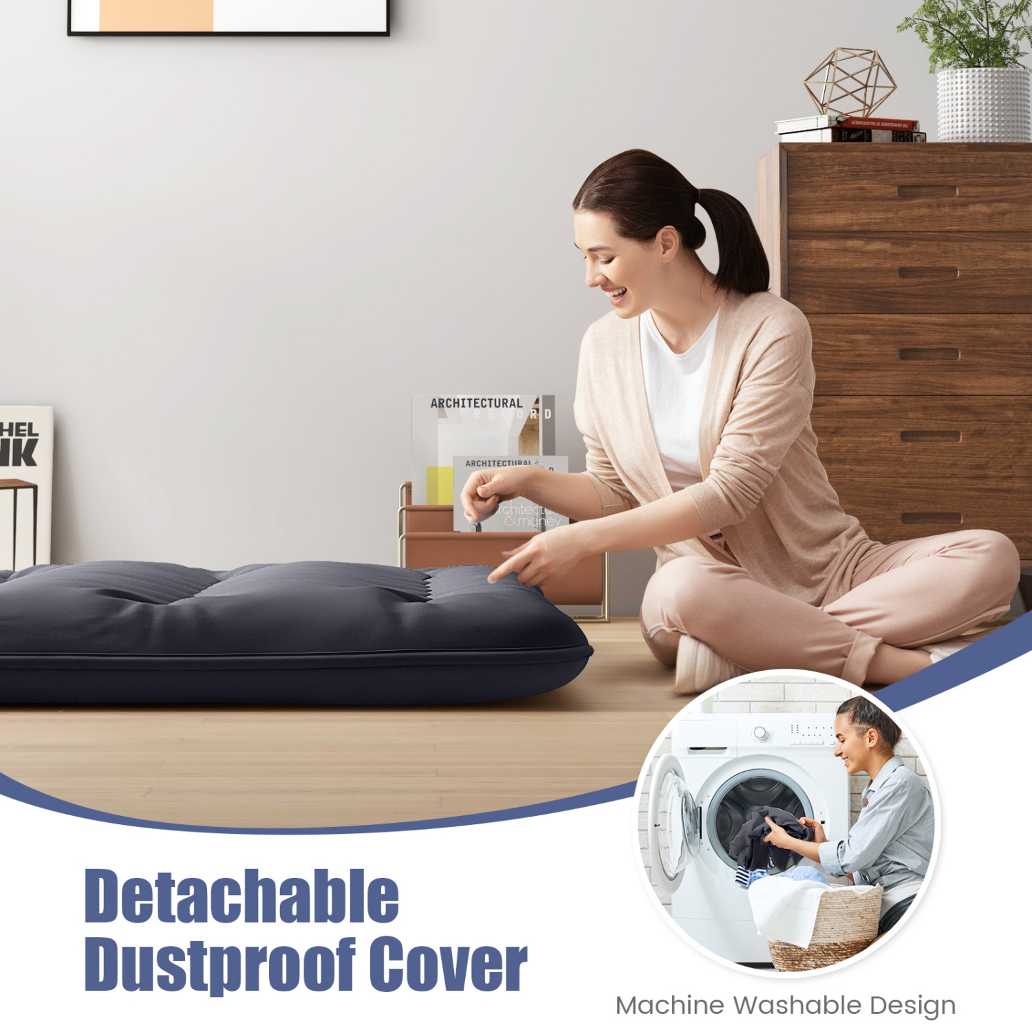 Costway Twin/Queen Futon Mattress Japanese Floor Sleeping Pad Washable Cover Carry Bag Black