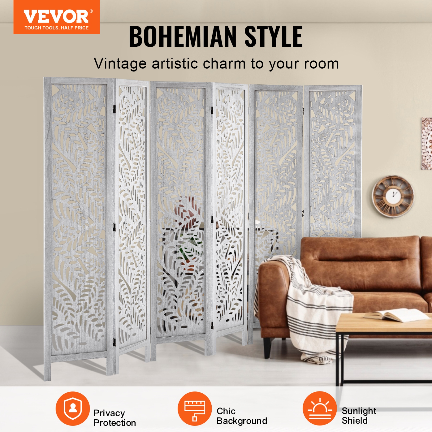 VEVOR 6 Panel Wood Room Divider, Wood Folding Privacy Screen, 66.9 Inches Tall Indoor Carved Partition Divider, Portable Decoration Screen, for Room