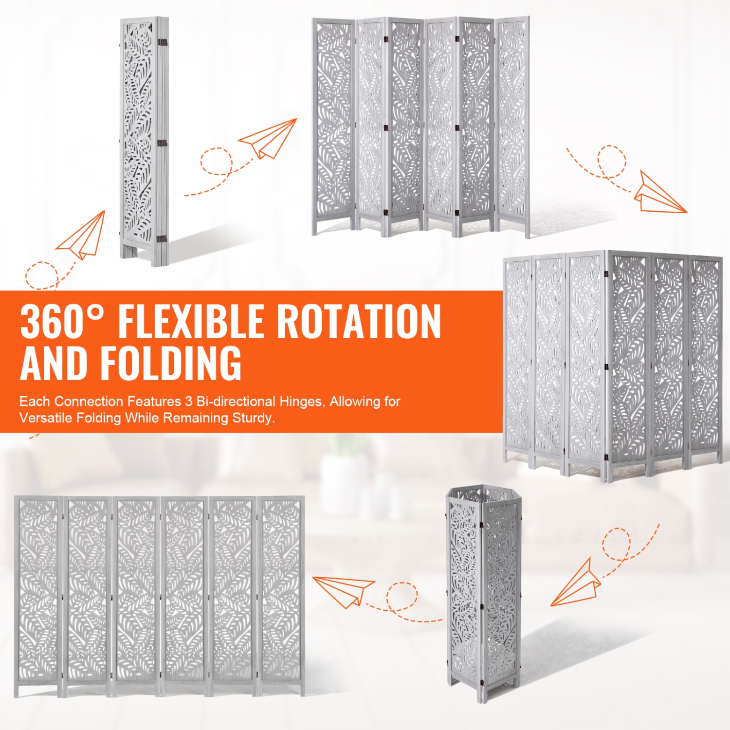 VEVOR 6 Panel Wood Room Divider, Wood Folding Privacy Screen, 66.9 Inches Tall Indoor Carved Partition Divider, Portable Decoration Screen, for Room