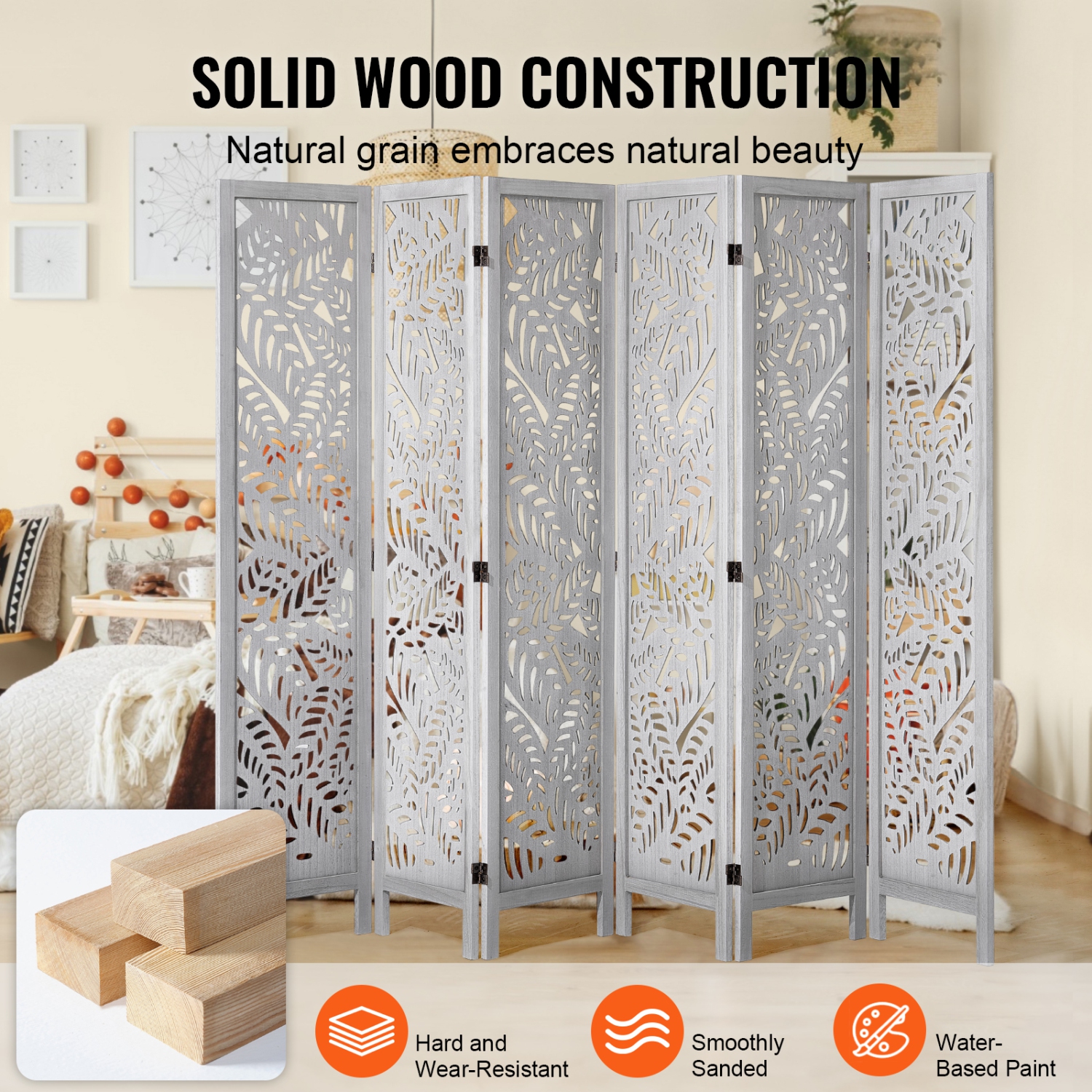 VEVOR 6 Panel Wood Room Divider, Wood Folding Privacy Screen, 66.9 Inches Tall Indoor Carved Partition Divider, Portable Decoration Screen, for Room