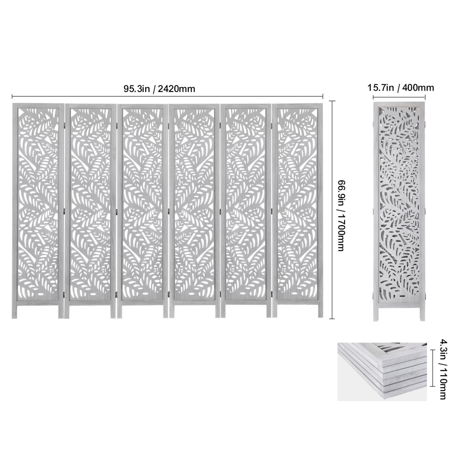 VEVOR 6 Panel Wood Room Divider, Wood Folding Privacy Screen, 66.9 Inches Tall Indoor Carved Partition Divider, Portable Decoration Screen, for Room