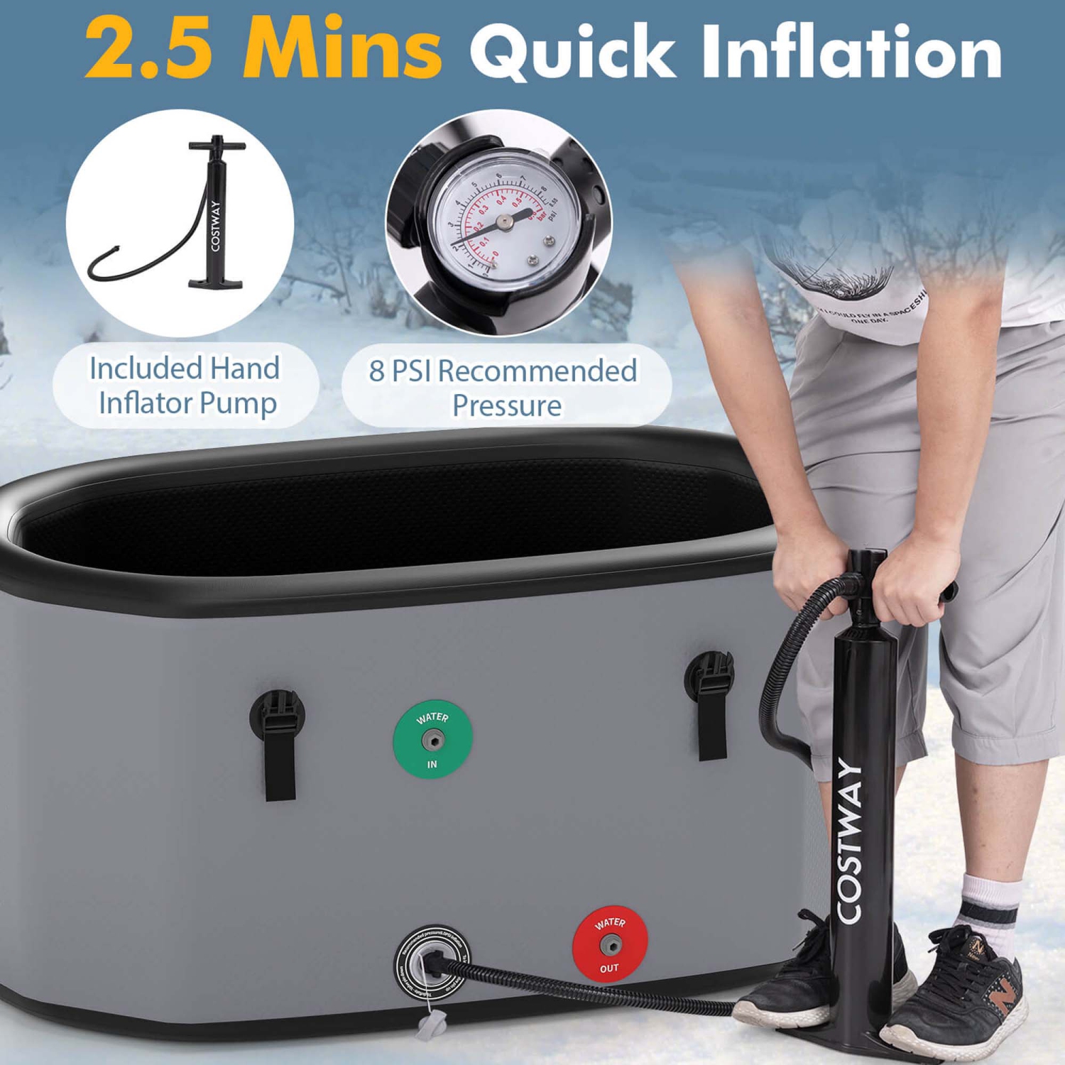 Costway XL 129 Gal Oval Ice Bath Tub for Athletes with Cover Hand Pump Backpack for Adults Gray/Black