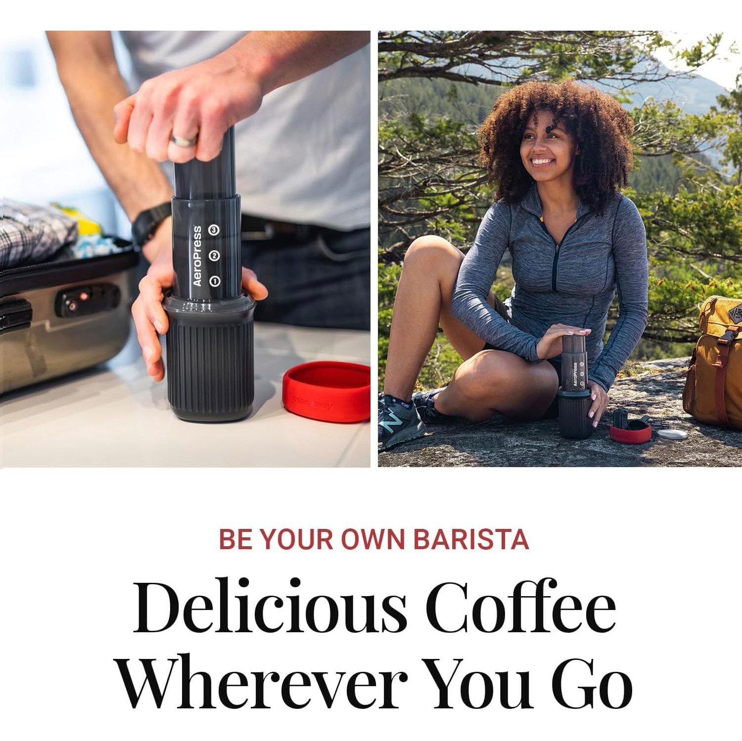AeroPress Go Travel Coffee Press Kit - 3 in 1 brew method combines French Press, Pourover, Espresso - Full bodied coffee without grit or bitterness -