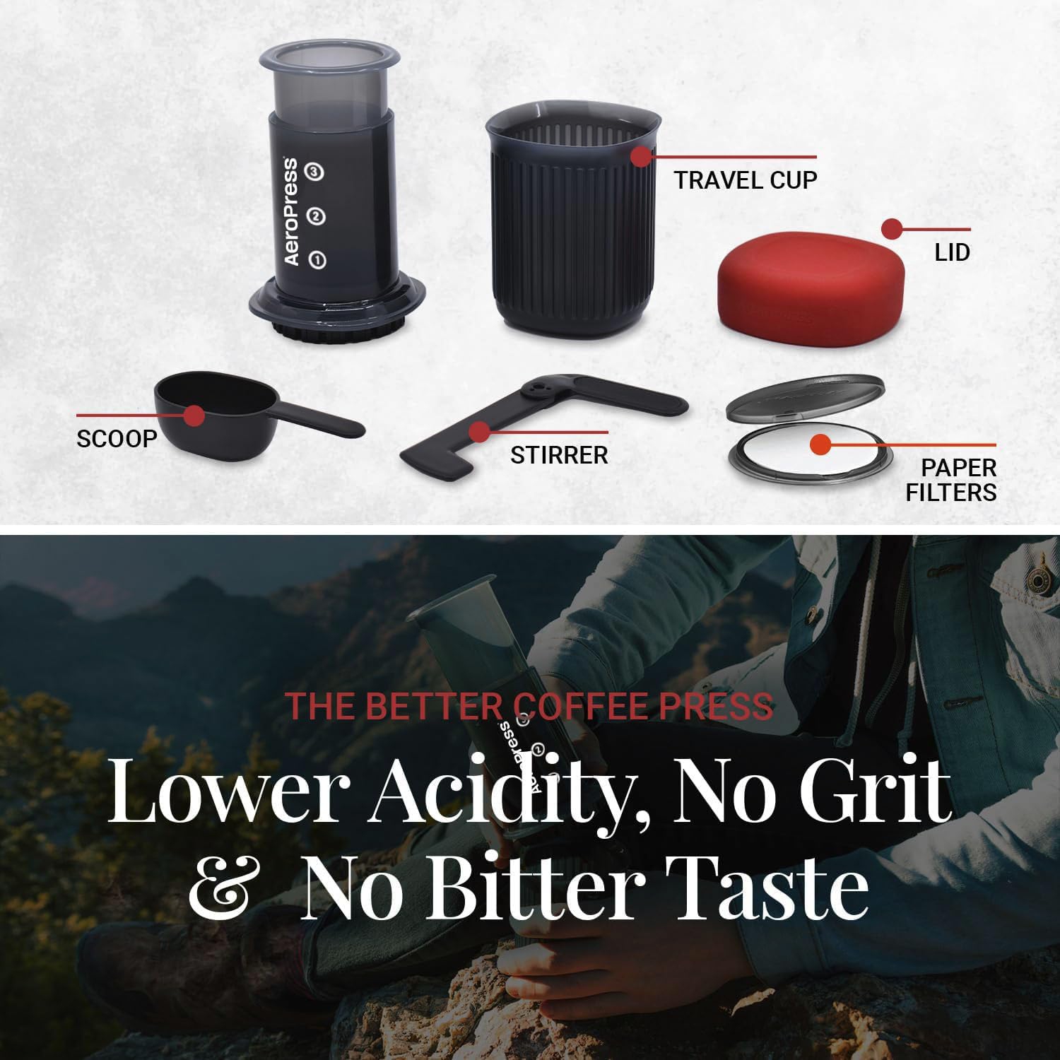 AeroPress Go Travel Coffee Press Kit - 3 in 1 brew method combines French Press, Pourover, Espresso - Full bodied coffee without grit or bitterness -