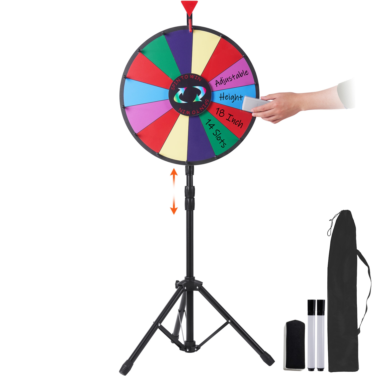 VEVOR 18 inch Spinning Prize Wheel, 14 Slots Spinning Wheel with Height Adjustable Stand, Roulette Wheel with a Dry Erase, and a Storage Bag, Win