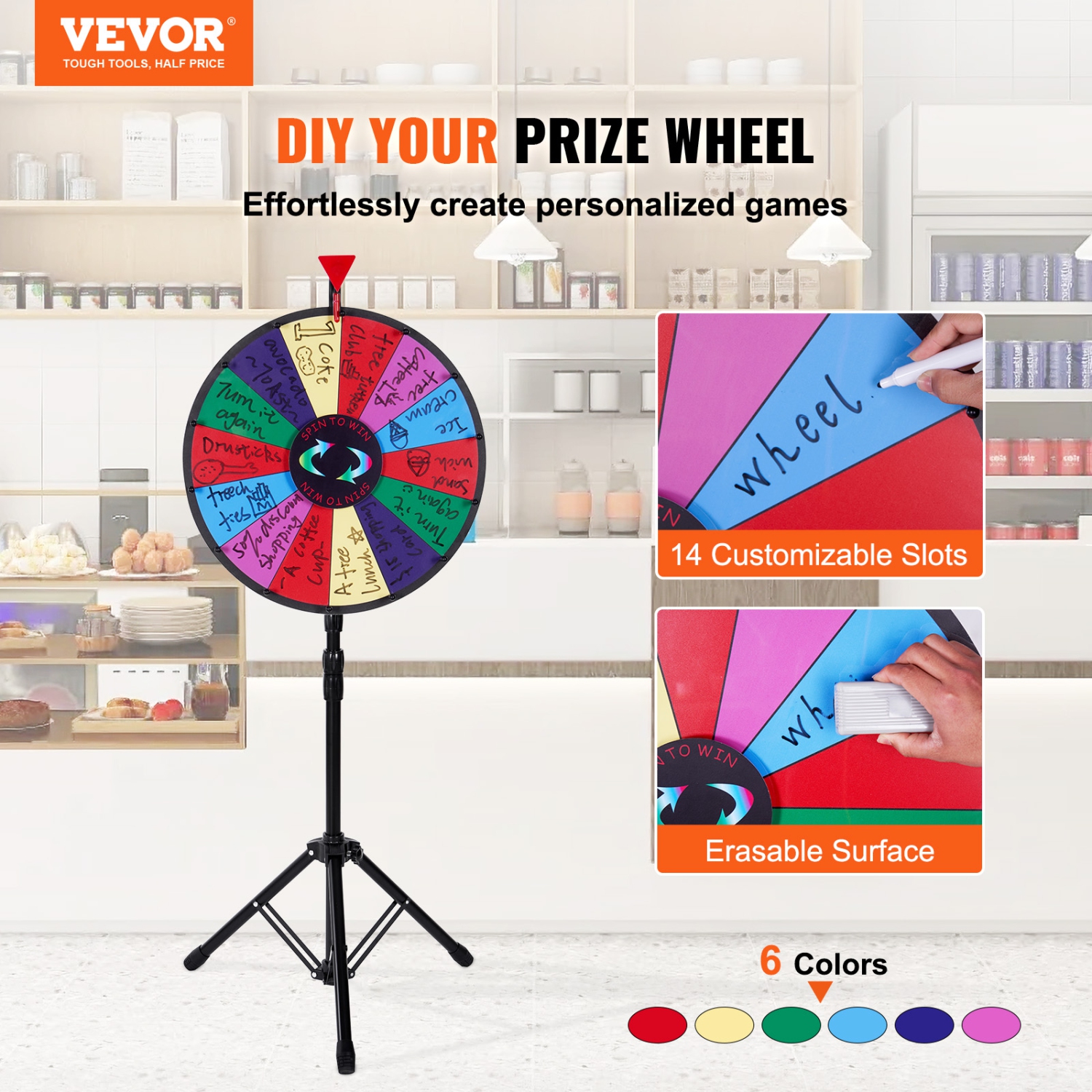 VEVOR 18 inch Spinning Prize Wheel, 14 Slots Spinning Wheel with Height Adjustable Stand, Roulette Wheel with a Dry Erase, and a Storage Bag, Win