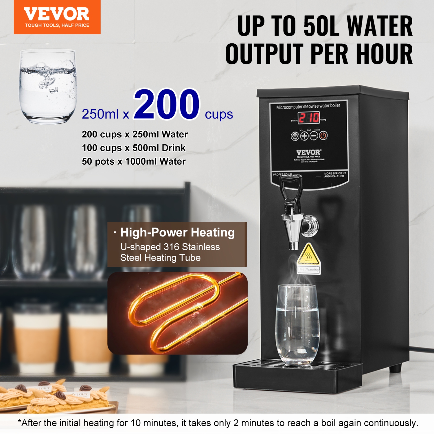 VEVOR 1500W Commercial Water Boiler,Electric Hot Water Dispenser with 316 Stainless Steel Heating Tube,Fast Heating 50L per Hour Hot Water Boiler,