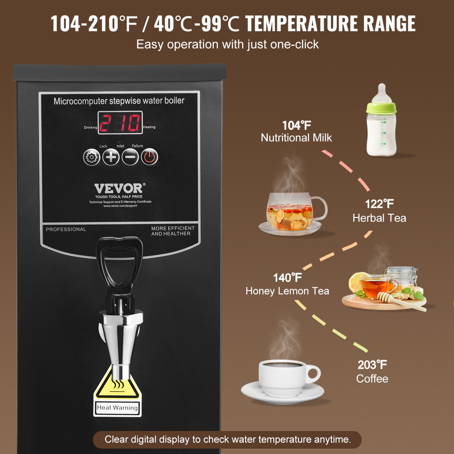 VEVOR 1500W Commercial Water Boiler,Electric Hot Water Dispenser with 316 Stainless Steel Heating Tube,Fast Heating 50L per Hour Hot Water Boiler,