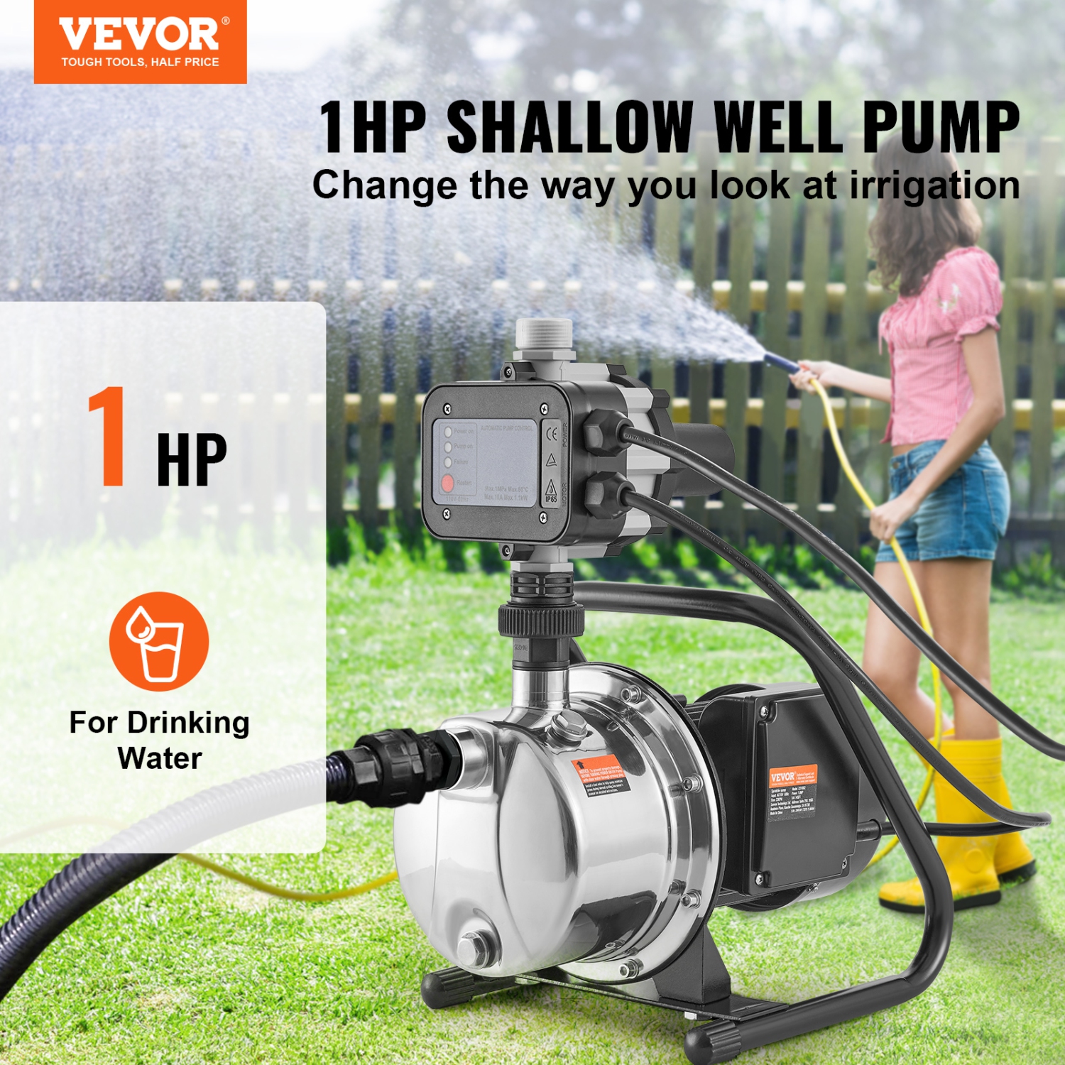 Pompe à puits peu profond VEVOR de 1&nbsp;HP, 115&nbsp;V, tête 145&nbsp;pi de 1200 gal/h, Max 87&nbsp;lb/po², pompes à jet d'appoint en acier