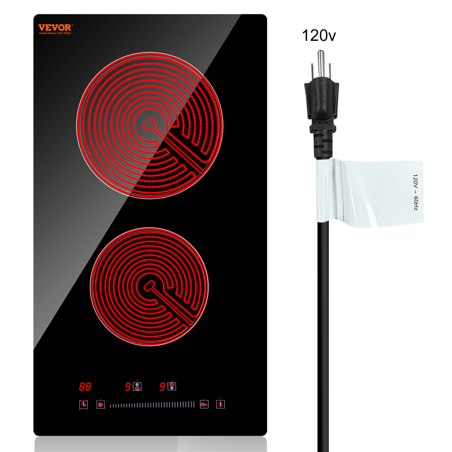 VEVOR 20 x 11.6 inch Electric Stove Top,2 Burners, 240V Glass Radiant Cooktop with Sensor Touch Control, Timer & Child Lock Included, 9 Power Levels