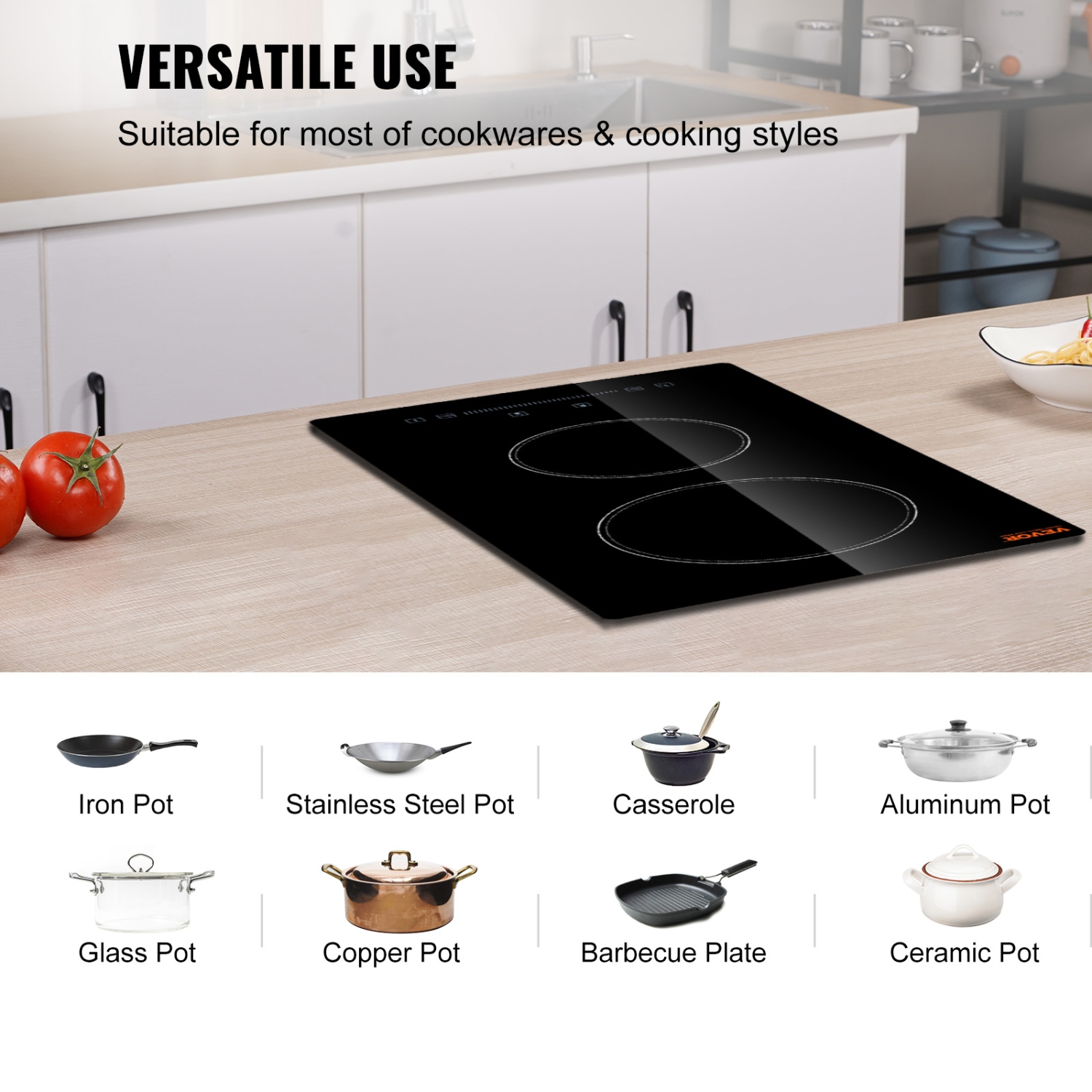 VEVOR 20 x 11.6 inch Electric Stove Top,2 Burners, 240V Glass Radiant Cooktop with Sensor Touch Control, Timer & Child Lock Included, 9 Power Levels
