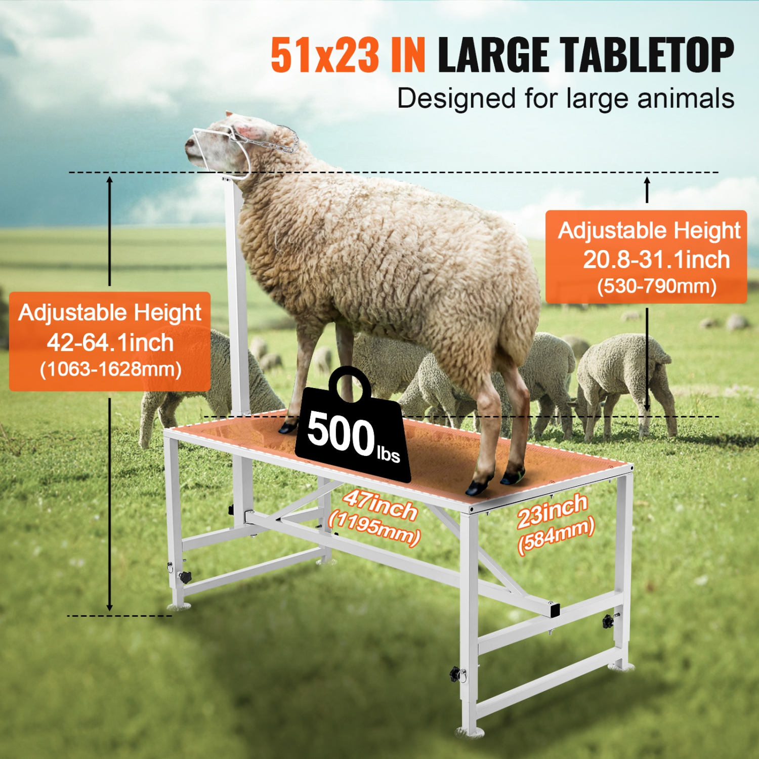VEVOR 47x23 inch Goat & Sheep Stand, Livestock Stand, Metal Livestock Milking and Shearing Stand 21" to 33" Adjustable Height, with Headpiece and