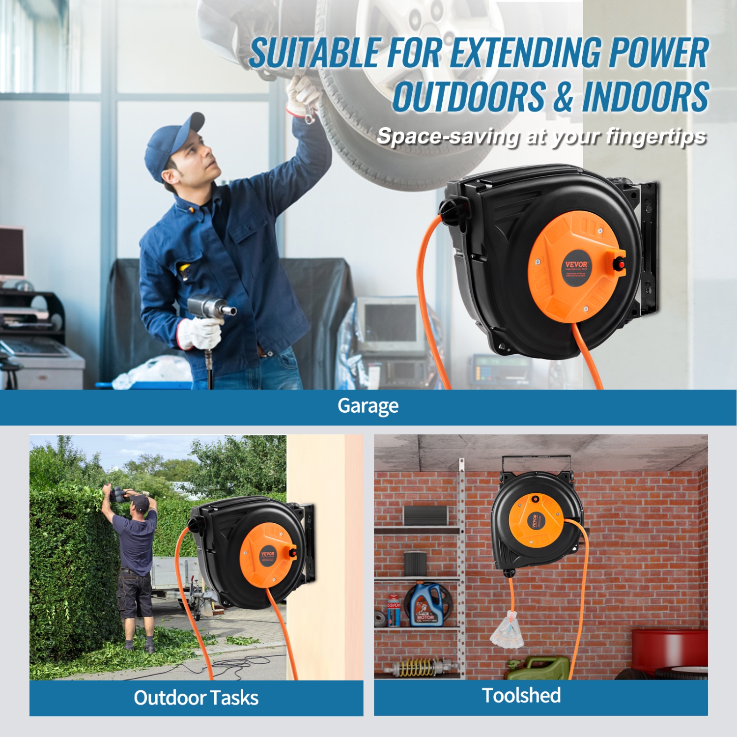 VEVOR 30 FT Retractable Extension Cord Reel,16AWG/3C SJTOW Power Cord, with Lighted Triple Tap Outlet 10 Amp Circuit Breaker, for Ceiling or Wall