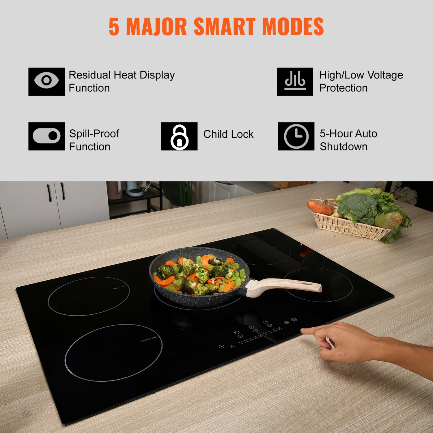 VEVOR 30'' Electric Induction Cooktop,5 Burners,Built-in Magnetic Cooktop 9200W,9 Heating Level Multifunctional Burner,LED Touch Screen w/ Child Lock