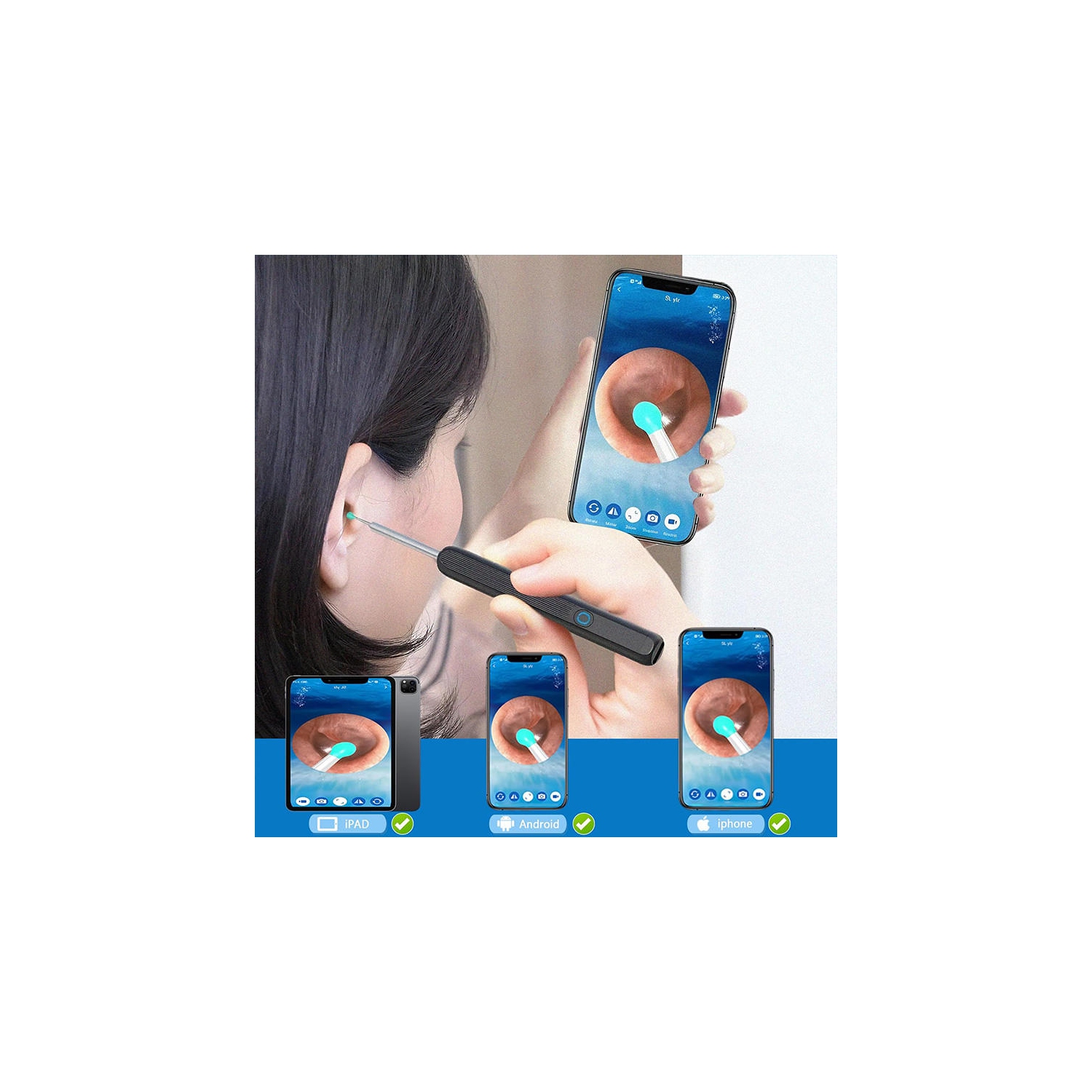Retrait de cire d'oreille, trousse de retrait de cire d'oreille avec caméra HD, trousse de nettoyage d'oreille Otoscope avec lumière, caméra