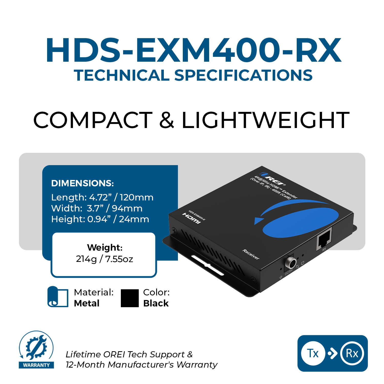 OREI 4K@30hz HDMI™ Receiver Only - 400ft (Cat6) (HDS-EXM400-RX)