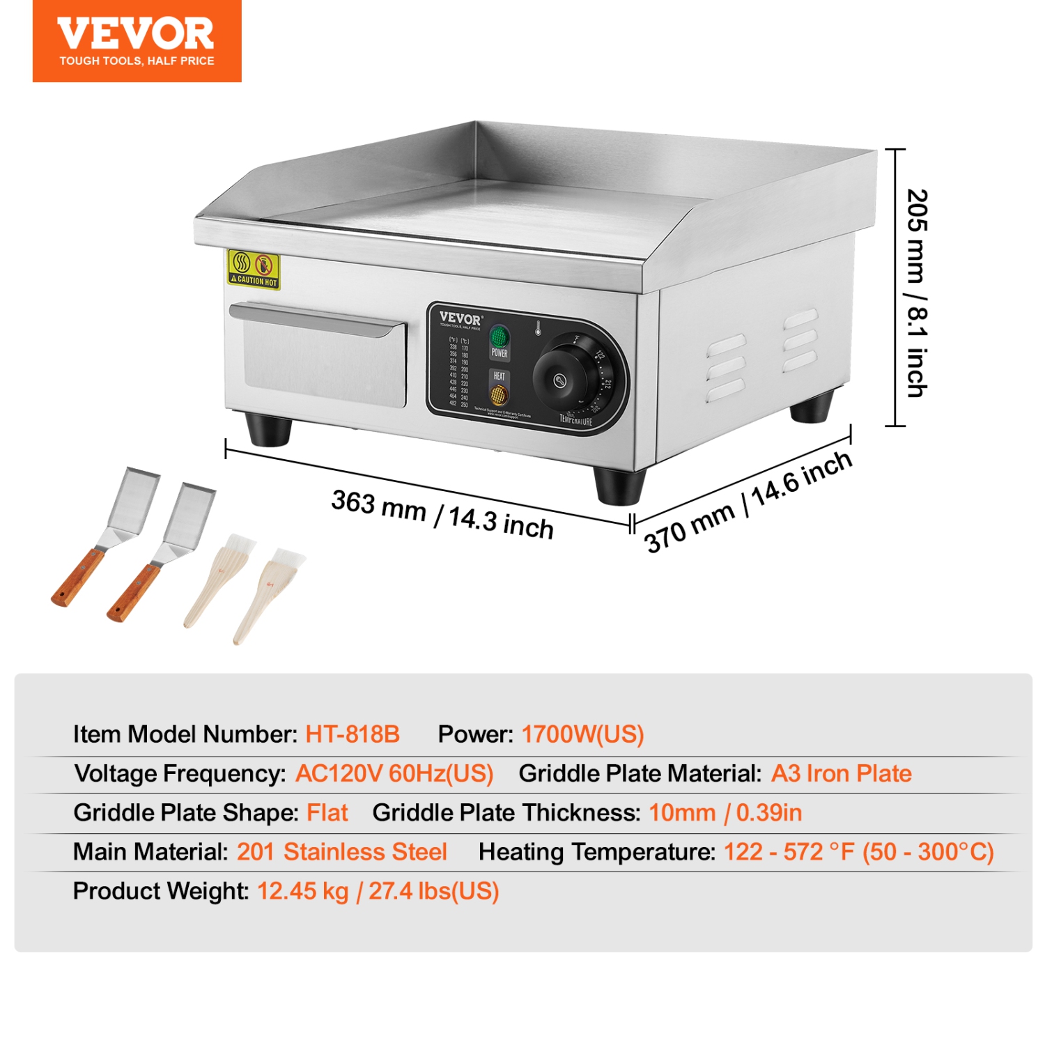 VEVOR 1700W Electric Griddle, Flat Top Grill, 122℉-572 ℉ Adjustable Temp, 14.17 x 11.81 x 0.39in Stainless Steel Griddle Grill with 2 Shovels and 2