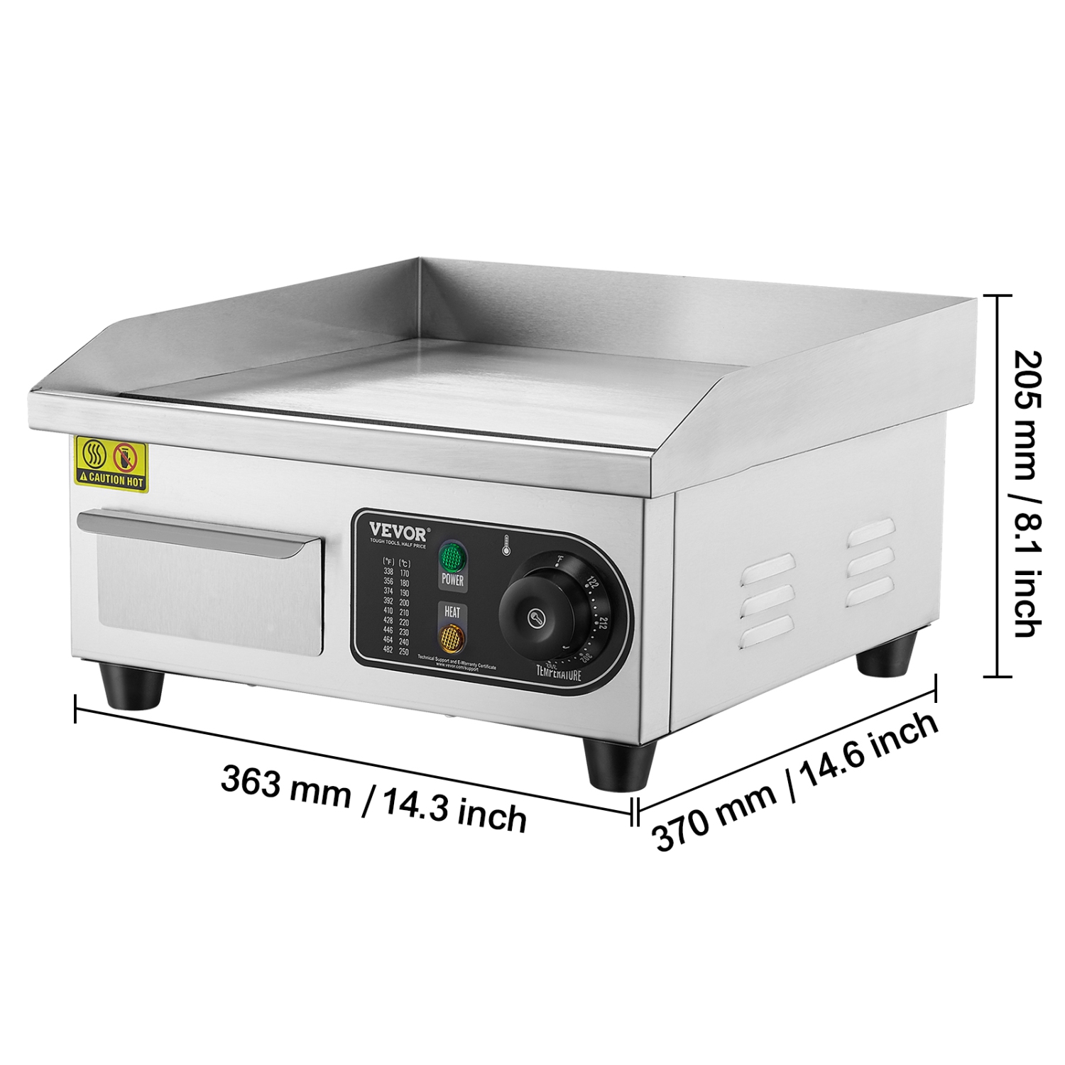 VEVOR 1700W Electric Griddle, Flat Top Grill, 122℉-572 ℉ Adjustable Temp, 14.17 x 11.81 x 0.39in Stainless Steel Griddle Grill with 2 Shovels and 2