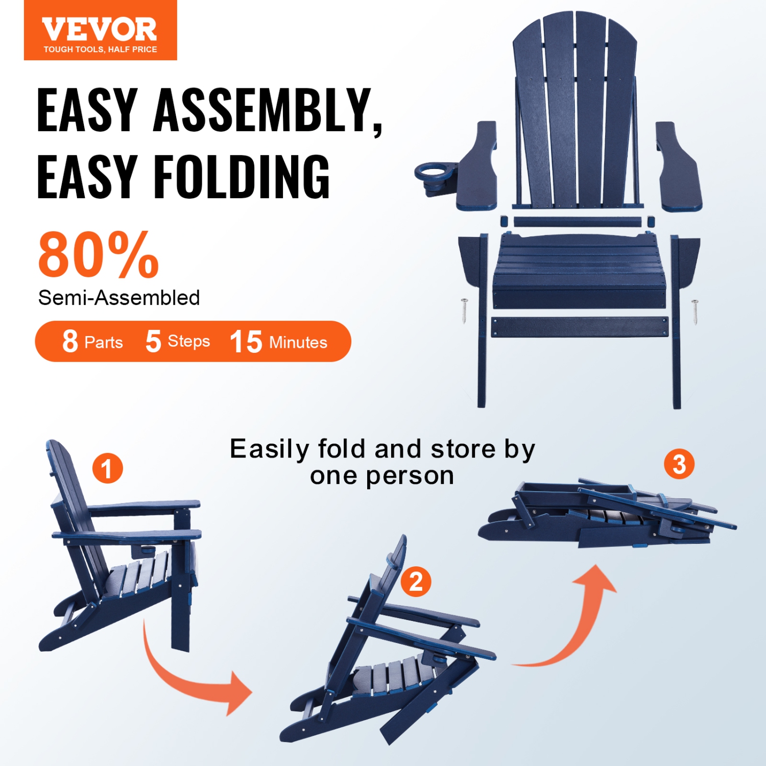 VEVOR Set of 2 Adirondack Chair Plastic, All-Weather Portable Folding Fire Pit Chair, Outdoor Adirondack Patio Chair with Cup Holder, with Relaxing