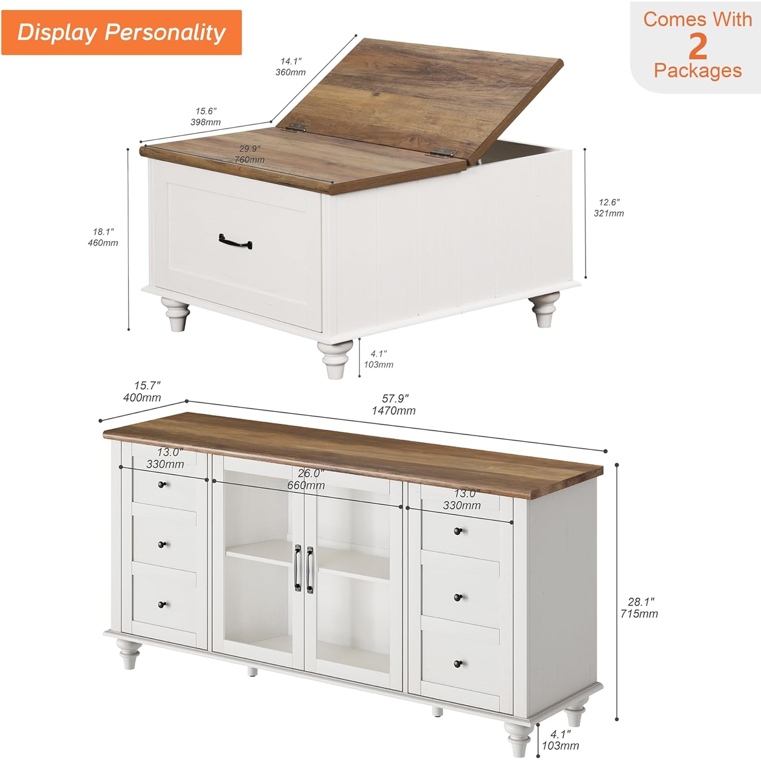 WAMPAT Farmhouse TV Stand and Coffee Table Set of 2, Square Coffee Table with Lift Top & Drawer, White Entertainment Center for 70 Inch TV, 2 Piece