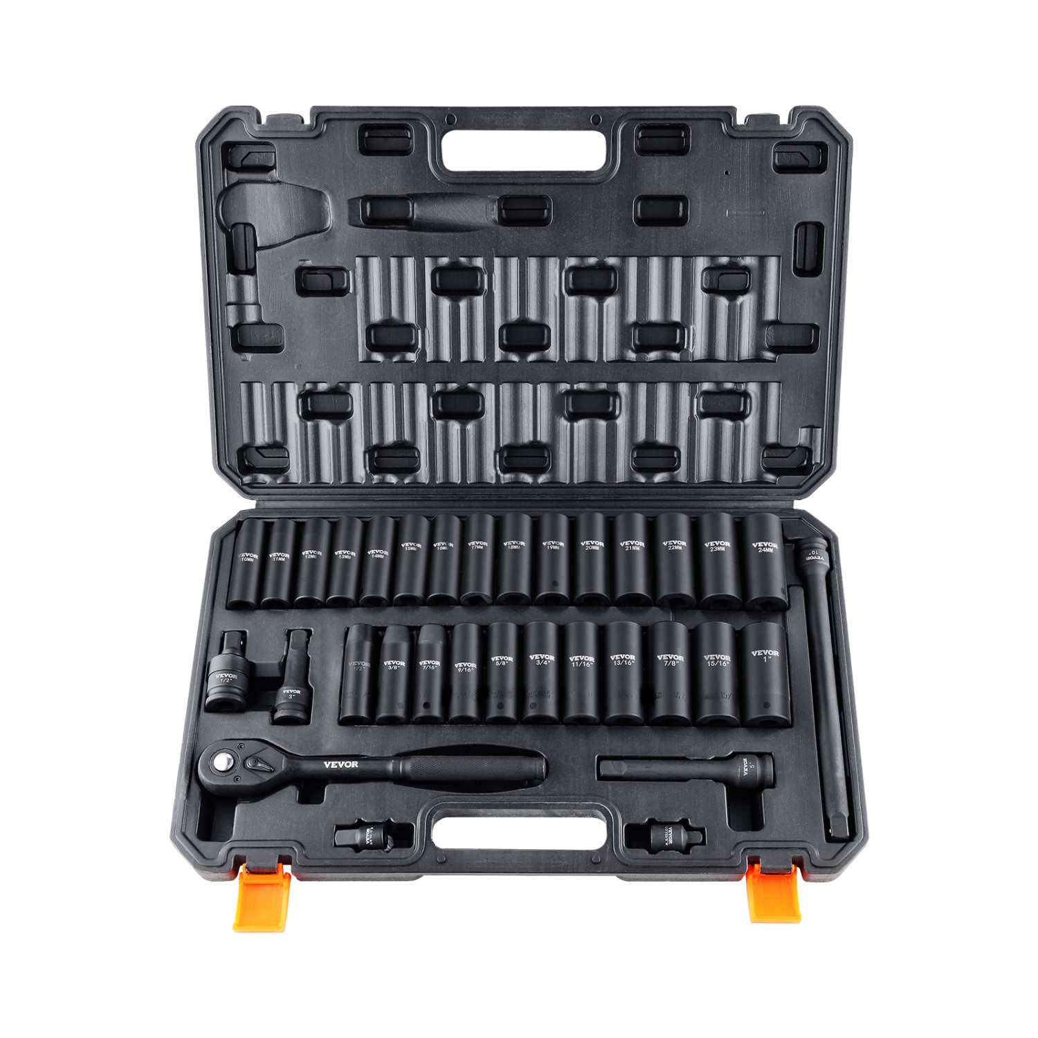 VEVOR 1/2" Drive Impact Socket Set, 33 Piece Socket Set SAE 3/8"-1" and Metric 10-24mm, 6 Point Cr-V Alloy Steel for Auto Repair, Easy-to-Read Size