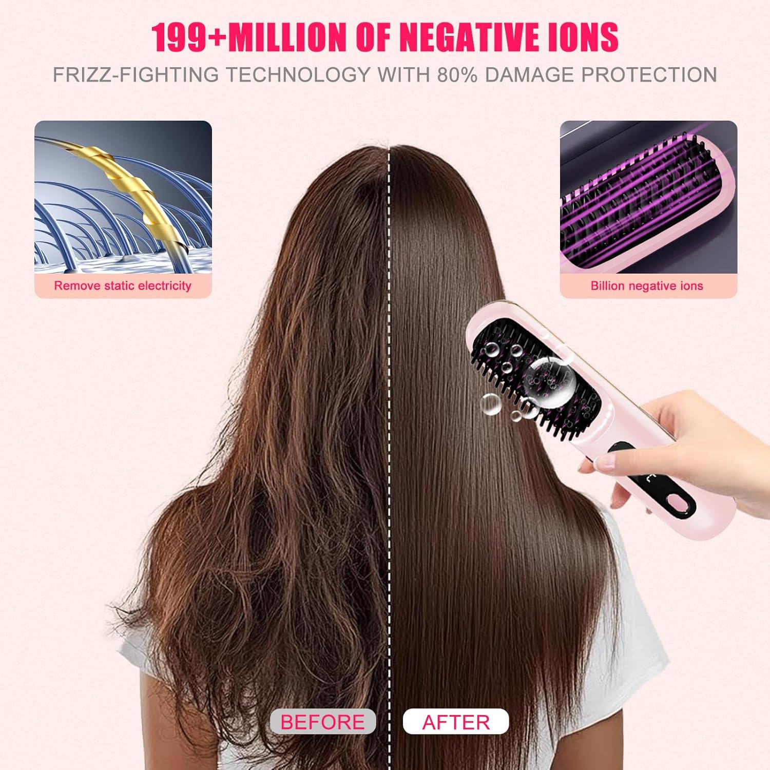 Brosse lissante sans fil pour cheveux, fer plat à 3 réglages de température à chauffage rapide avec affichage LED, brosse plate rechargeable USB-C