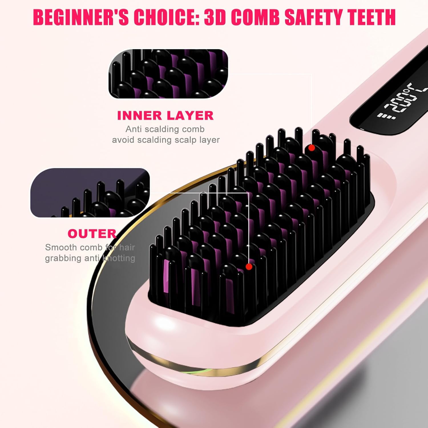 Brosse lissante sans fil pour cheveux, fer plat à 3 réglages de température à chauffage rapide avec affichage LED, brosse plate rechargeable USB-C