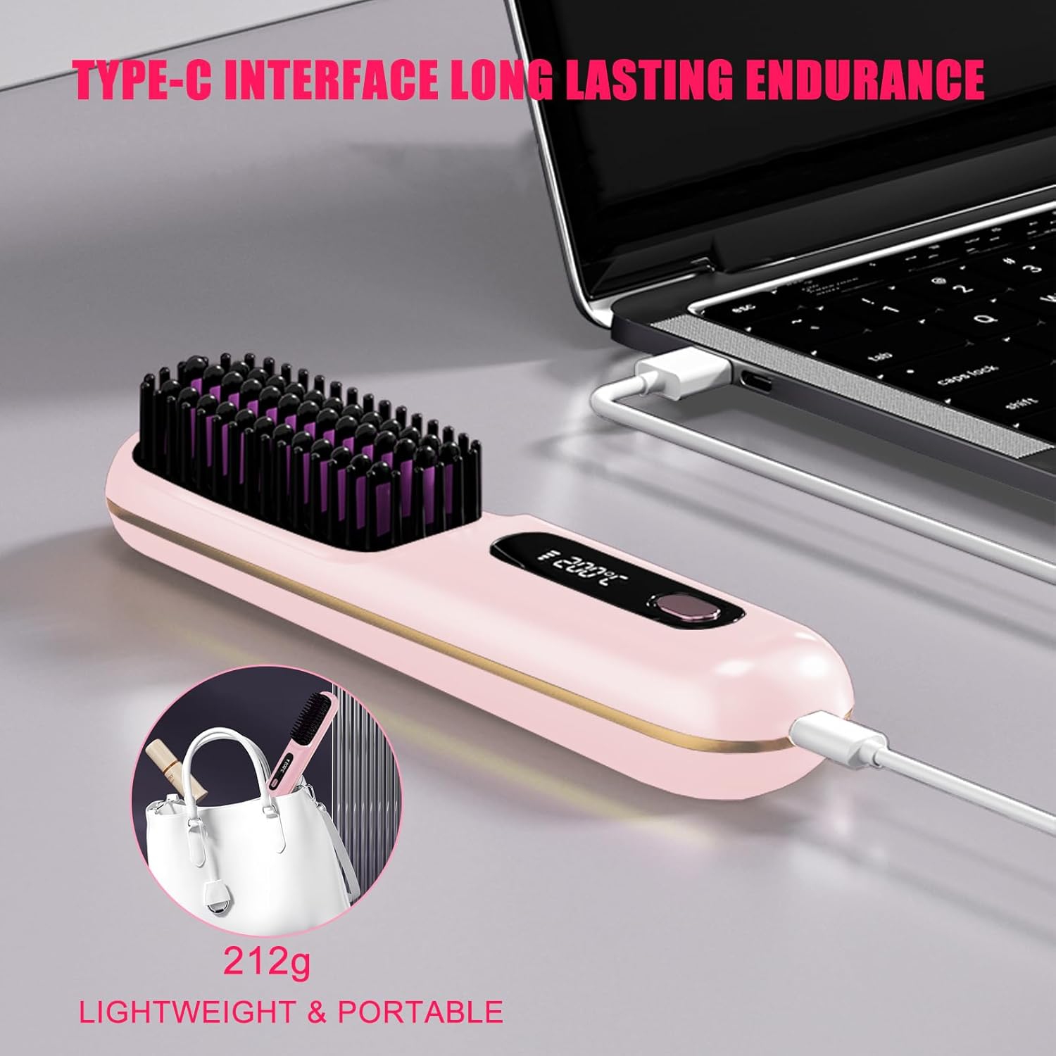 Brosse lissante sans fil pour cheveux, fer plat à 3 réglages de température à chauffage rapide avec affichage LED, brosse plate rechargeable USB-C