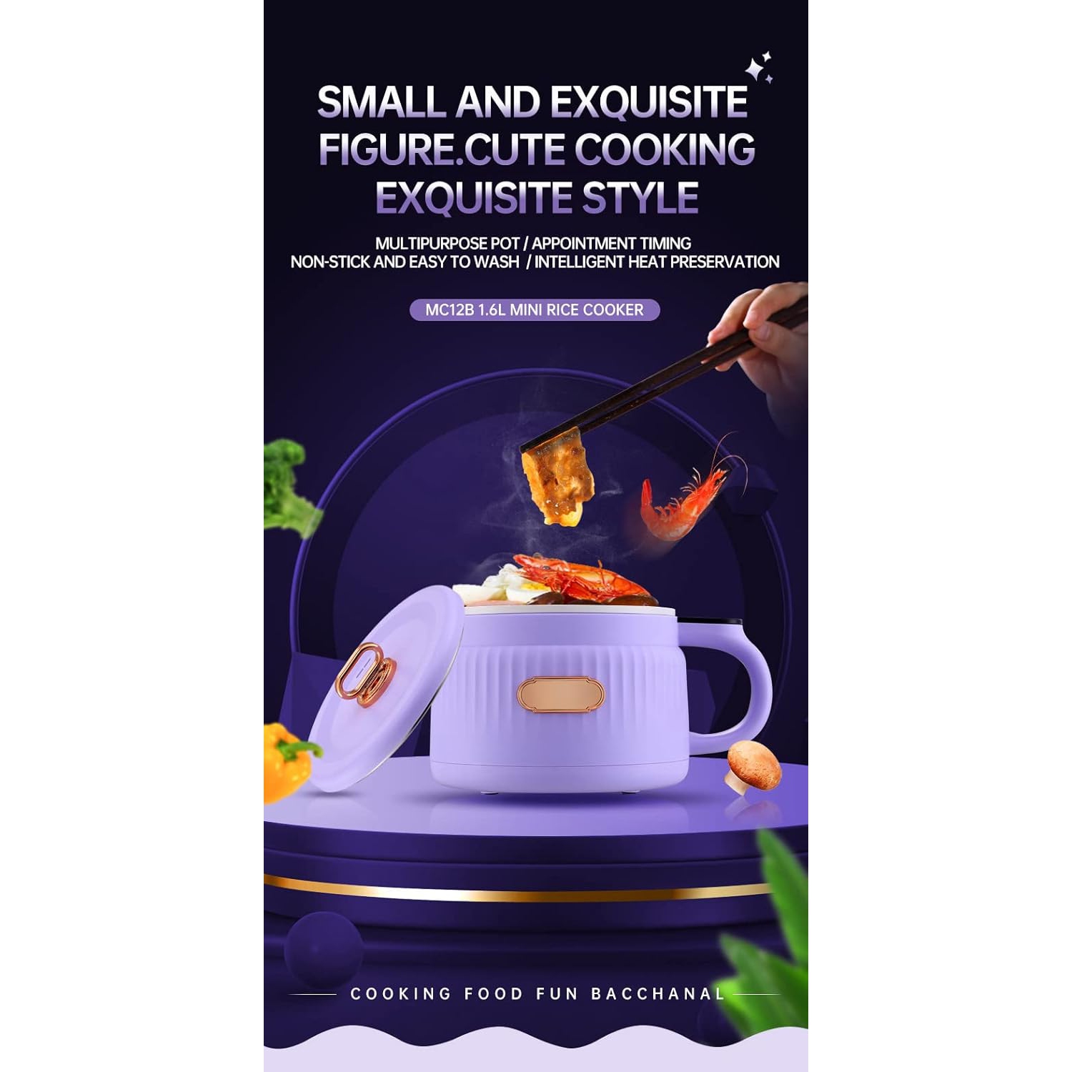 Mini electric hot pot multifunctional small dormitory noodle cooker mini electric noodle cooker non-stick pan - 1.6L purple