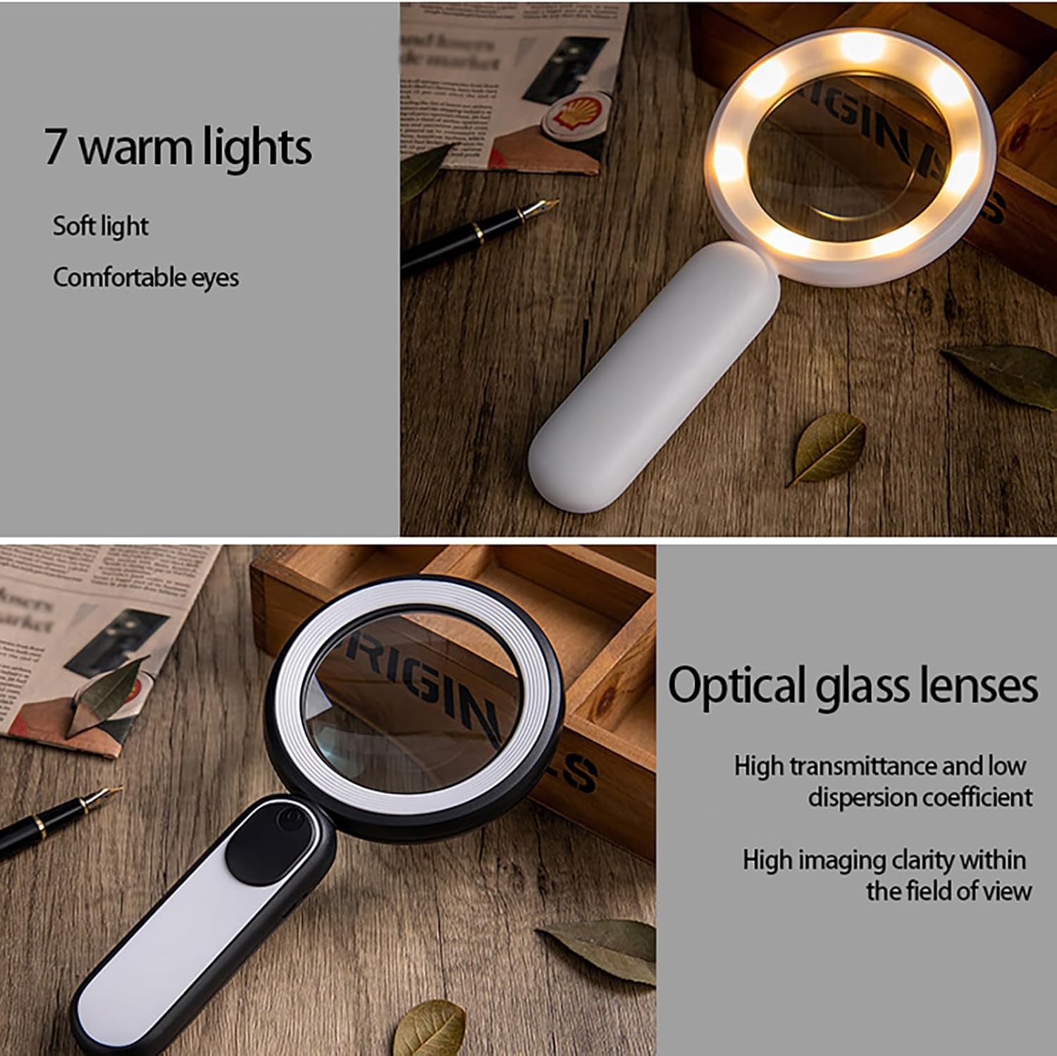 Loupe portative optique 20x LED 21 lumières froides et chaudes USB Interrupteur tactile de recharge Personnes âgées Loupe d'appréciation de lecture