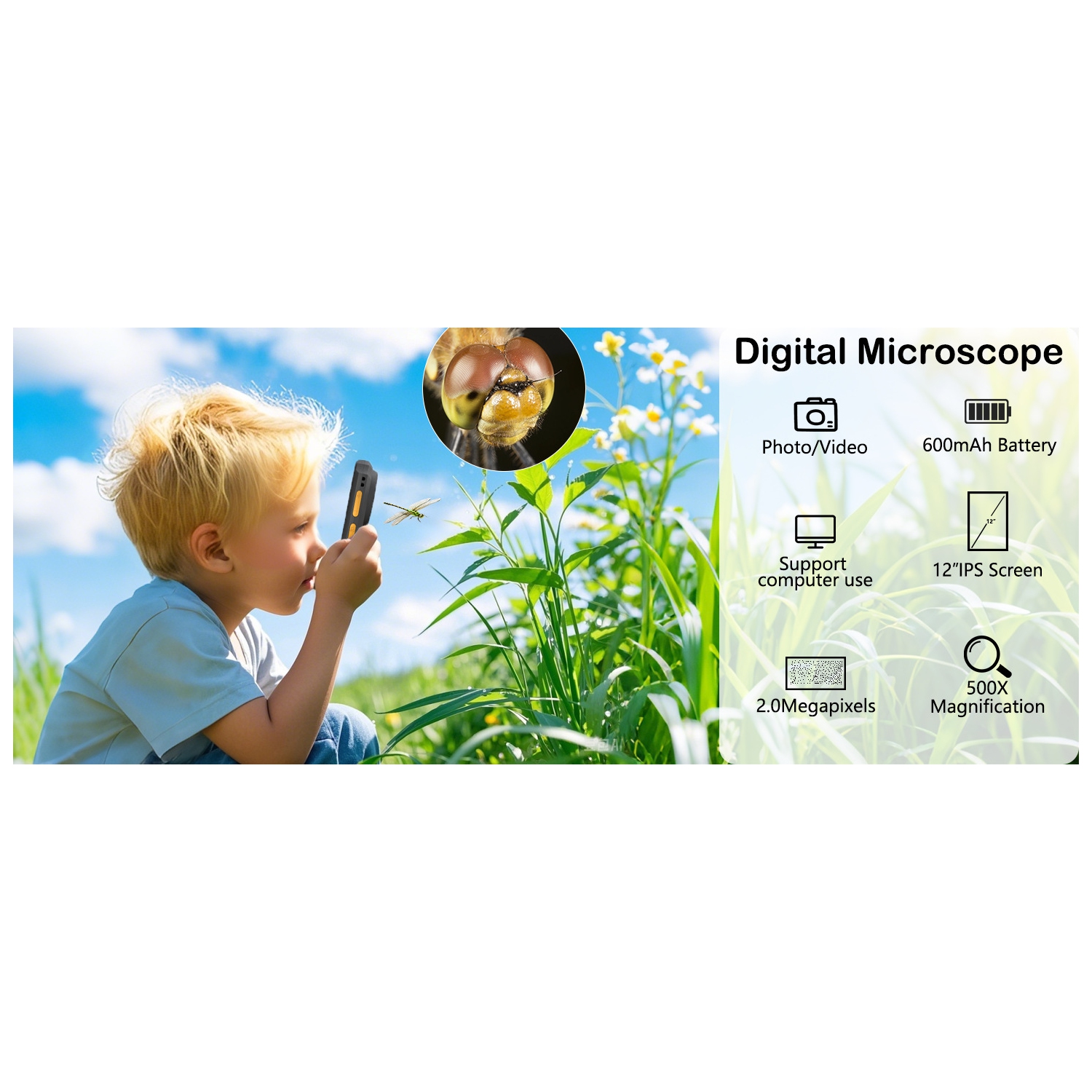 Microscope numérique portatif HD de 2 pouces | 600&nbsp;mAh rechargeable | Lampe d'appoint 8 LED | Convient à la lecture/réparation