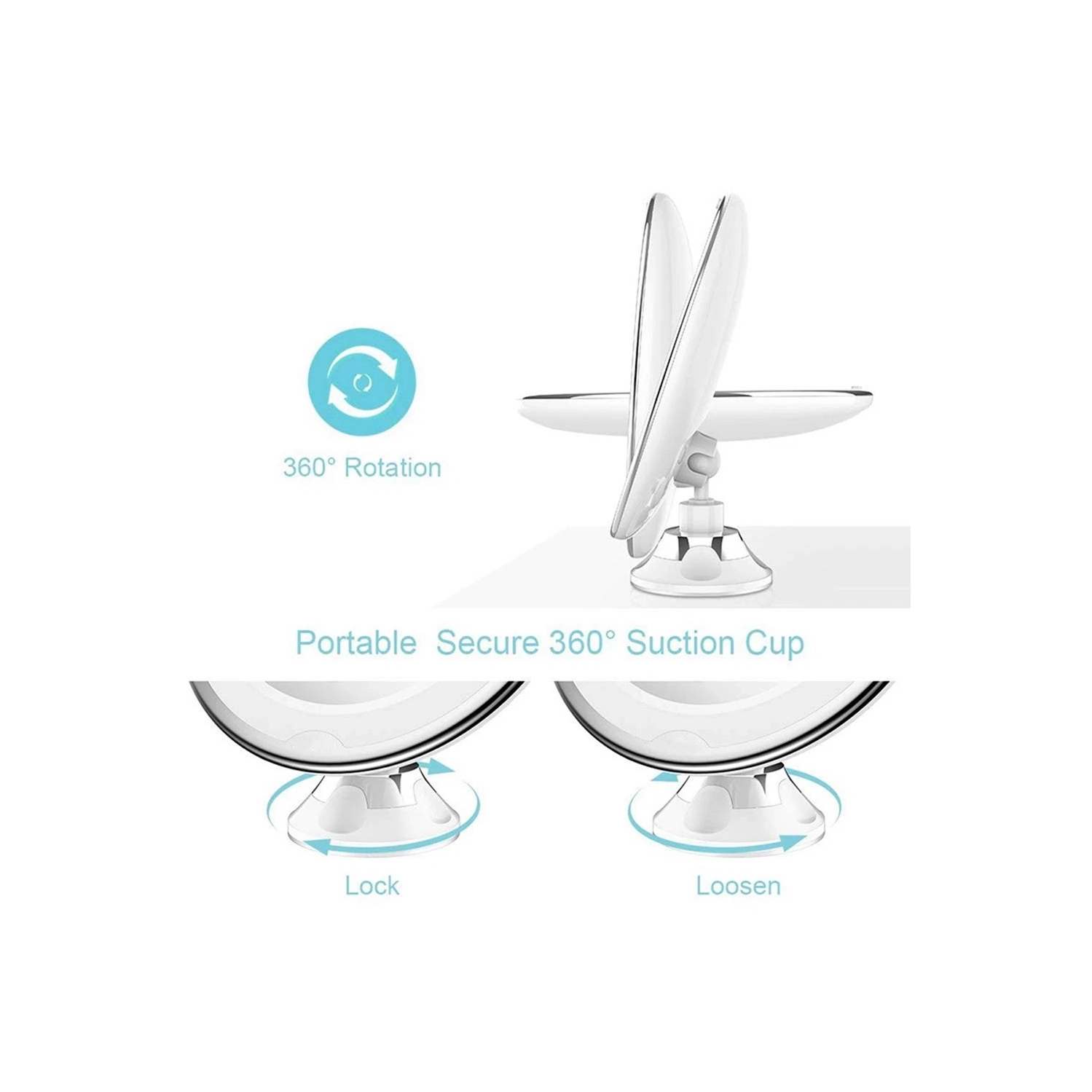 Miroir de maquillage lumineux à grossissement 10x avec ventouse à verrouillage électrique, miroir de toilette portatif sans fil pivotant à 360 degrés